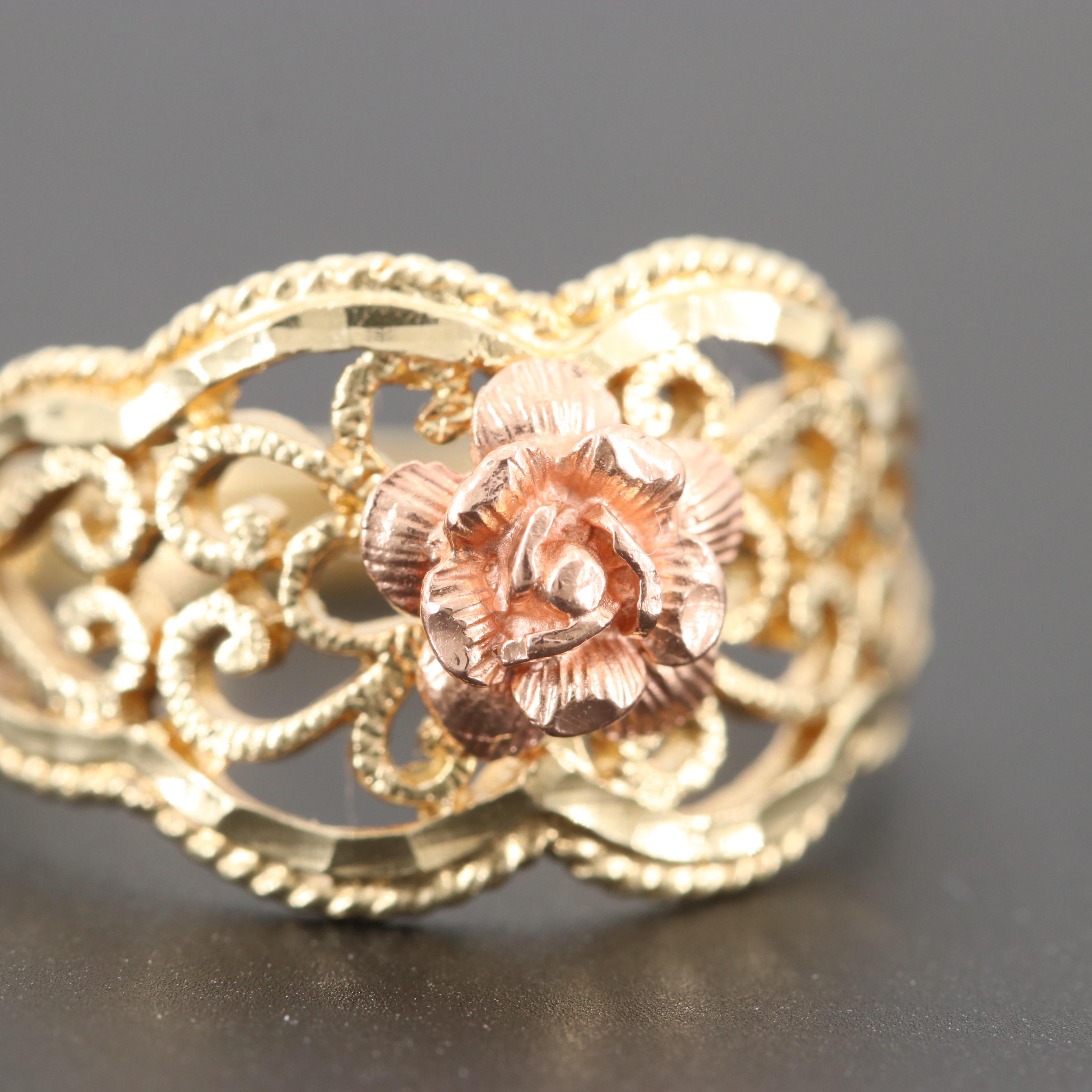14K Yellow Gold Filigree Ring with Rose Gold Accent
