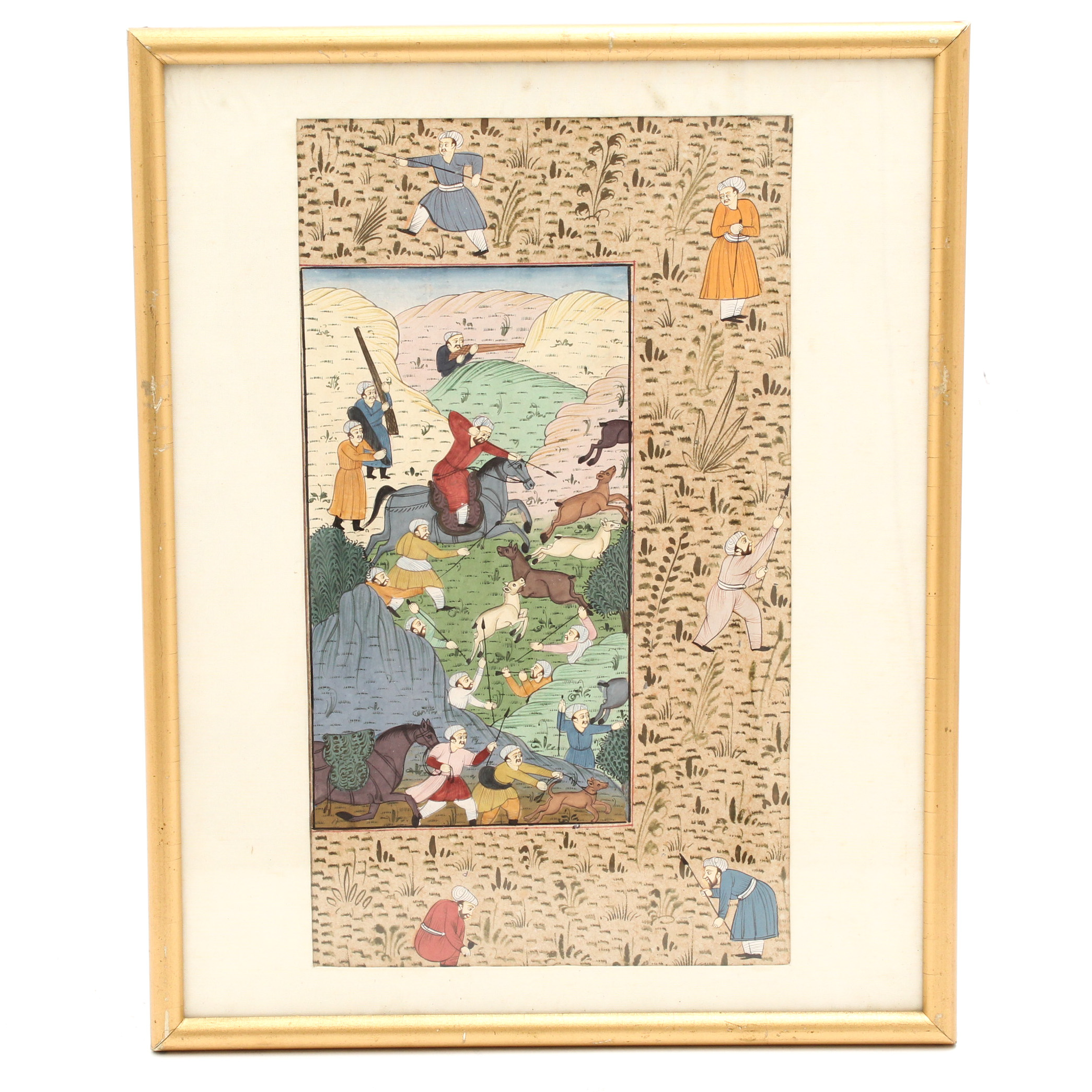Persian Gouache Hunting Scene Painting