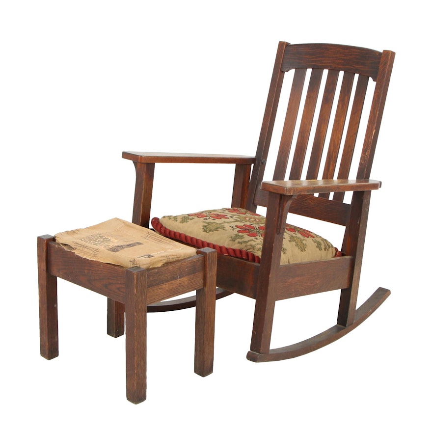 Stickley Bros Co. Arts and Crafts Style Rocking Chair and Stool