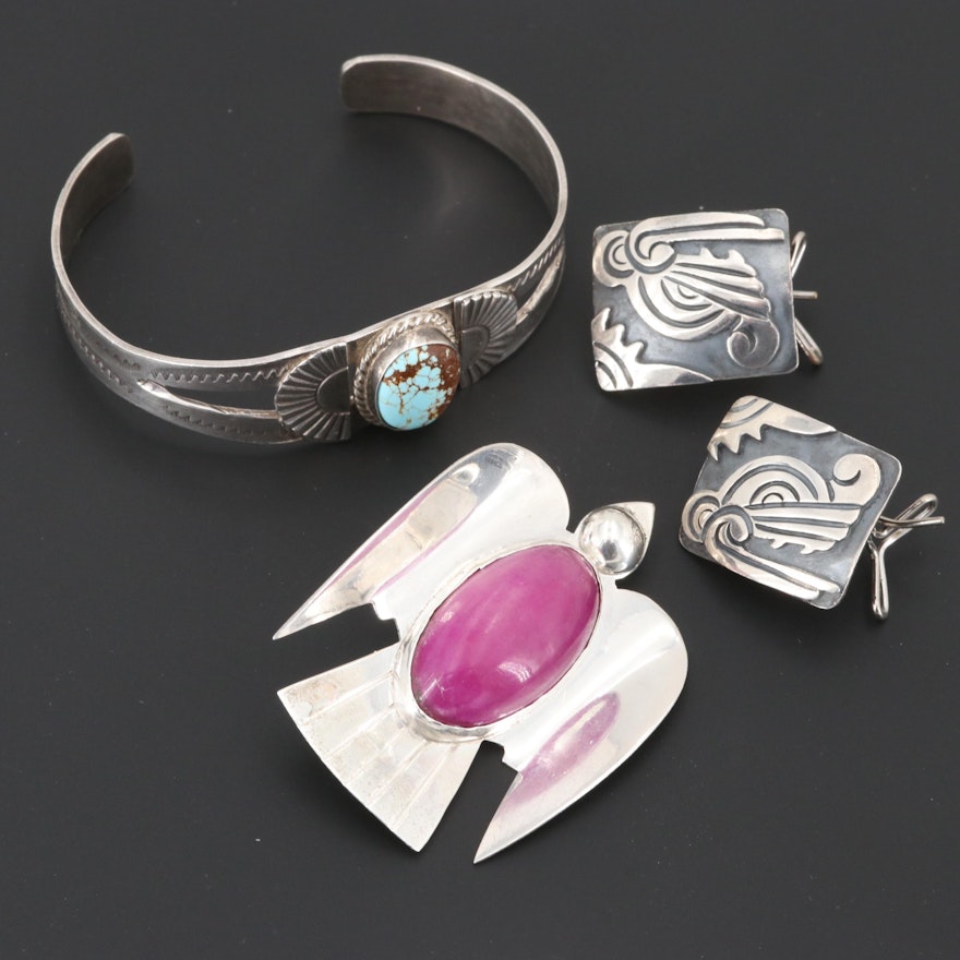 Mexican Sterling Silver Turquoise and Calcite Bracelet, Brooch and Earrings