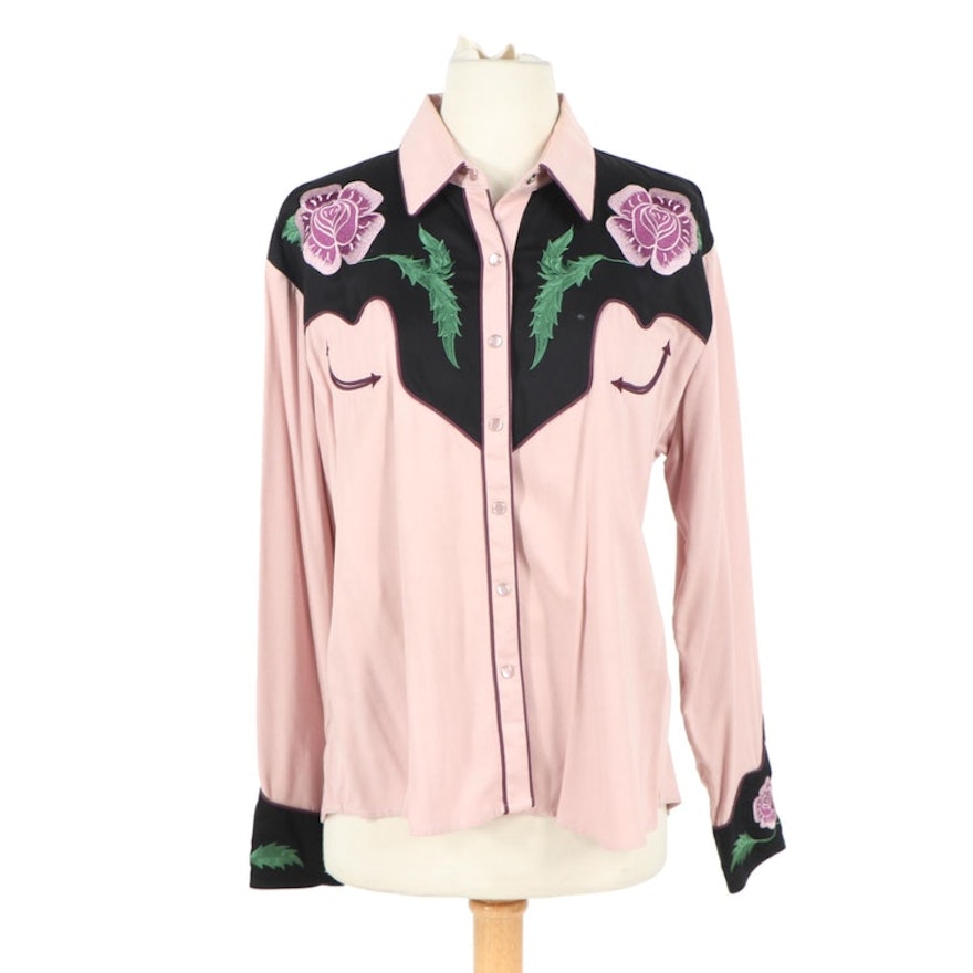 Women's The Manuel Collection Floral Embroidered Pink and Black Western Shirt