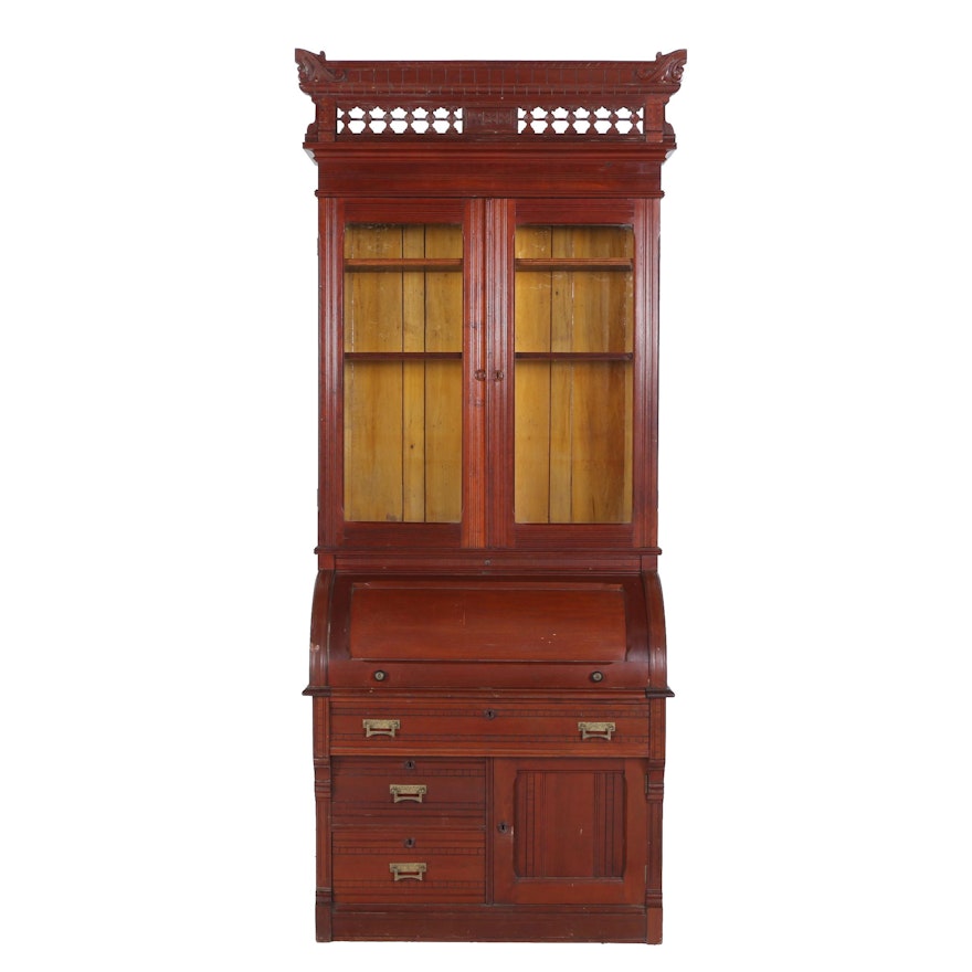 Victorian Cherrywood and Mahogany Cylinder Secretary Bookcase, Late 19th Century