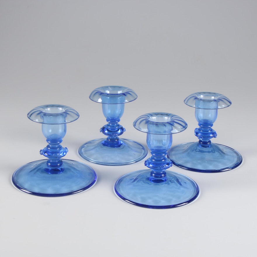 Steuben French Blue Art Glass Candlesticks, Early 20th Century