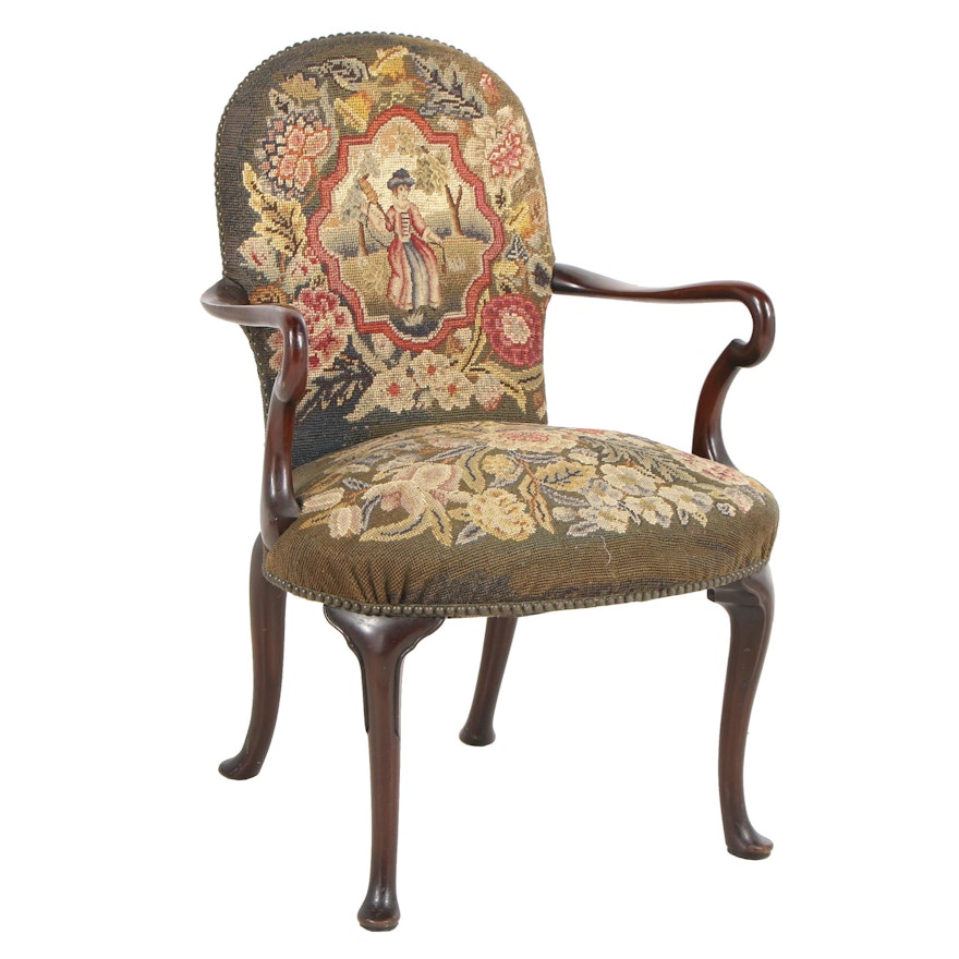 Queen Anne Style Armchair with Pictorial Needlepoint Embroidery, Early 20th c.