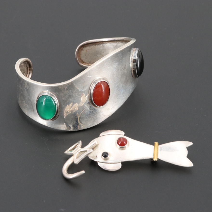 Mexican Sterling Black Onyx, Carnelian and Chalcedony Bracelet and Cat Brooch