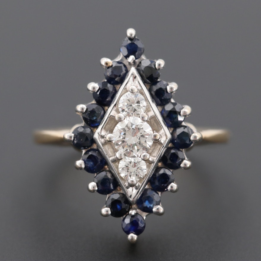 14K Yellow Gold Diamond and Sapphire Ring with White Gold Setting