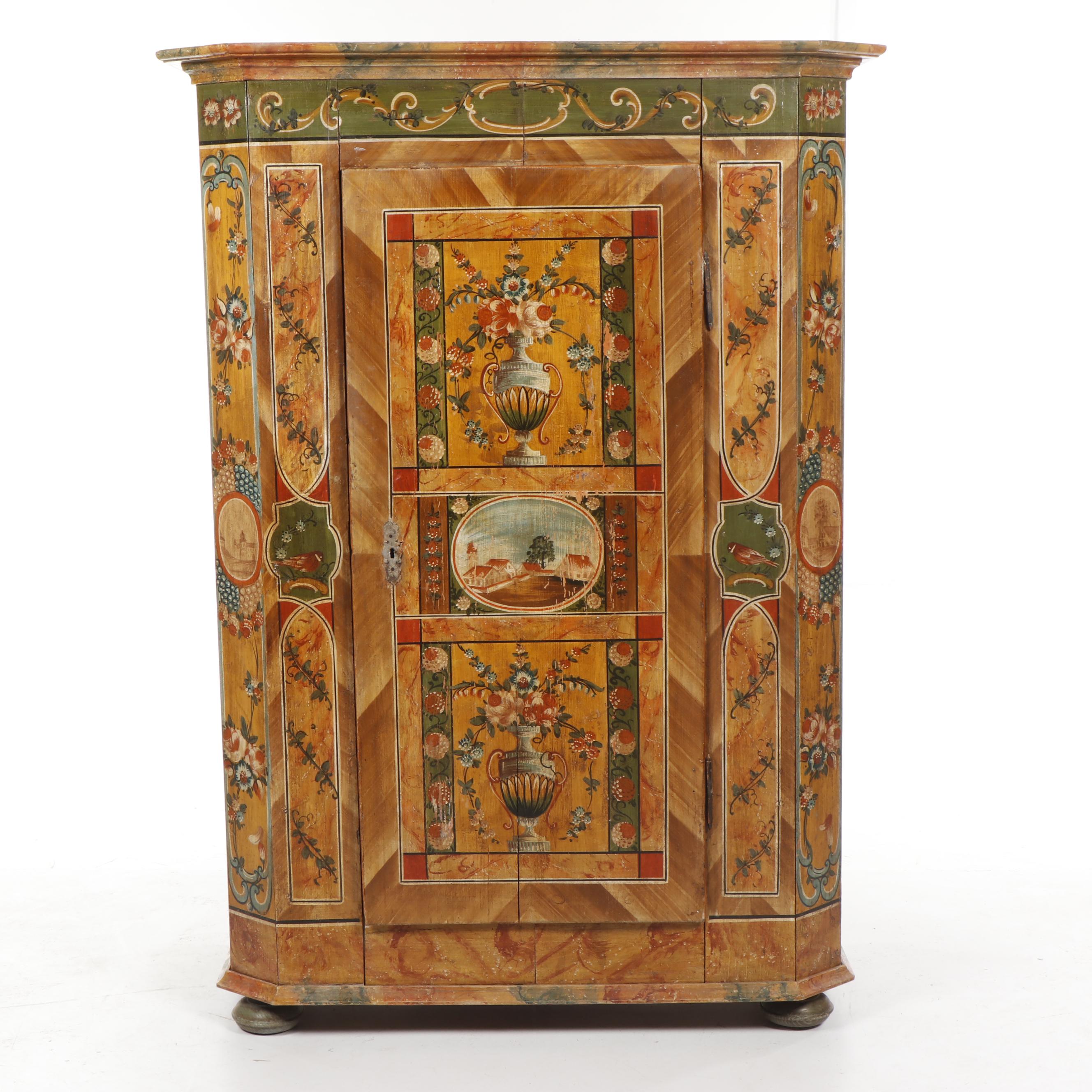 Scandinavian Ornate Hand-Painted Pine Armoire, 1860-1870s