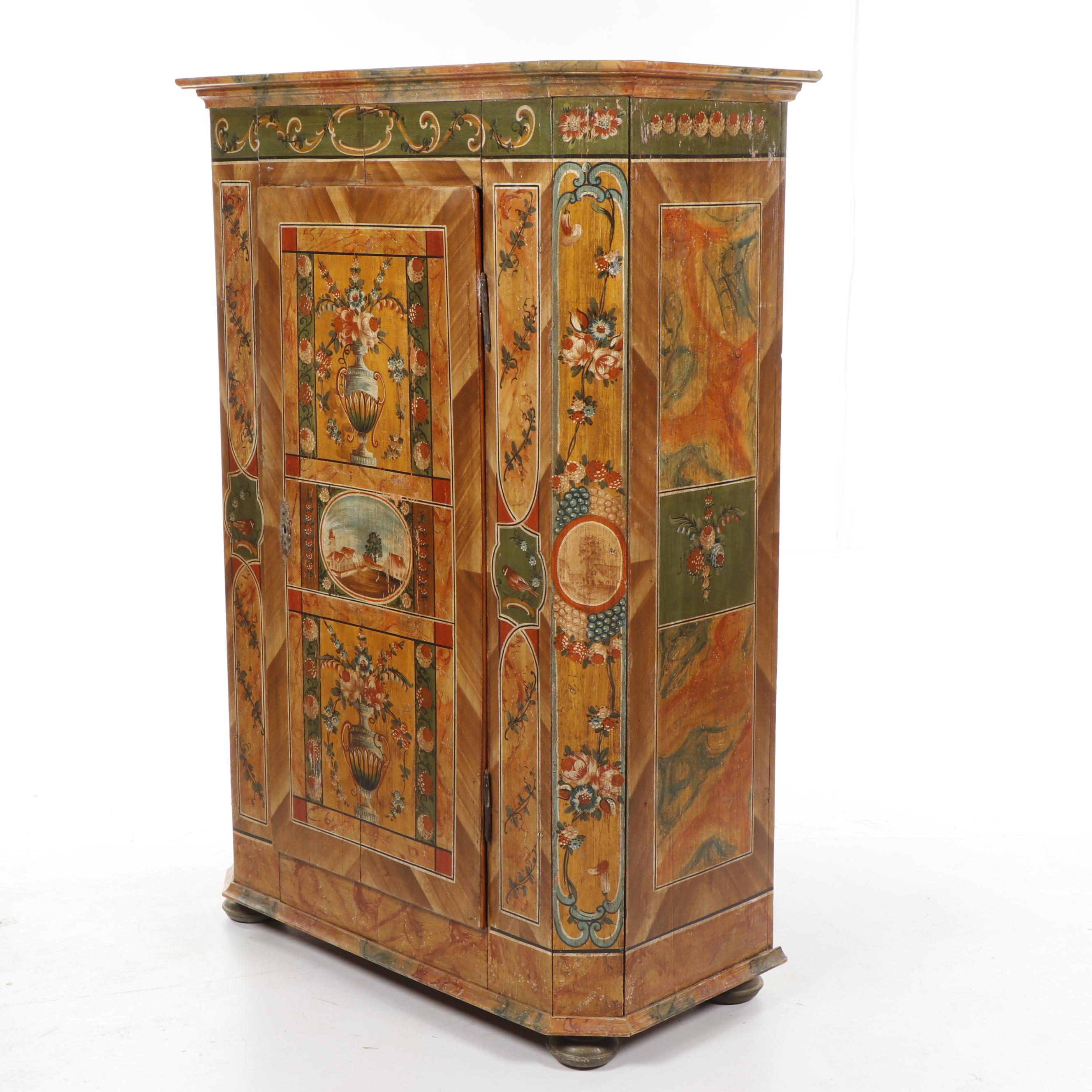 Scandinavian Ornate Hand-Painted Pine Armoire, 1860-1870s