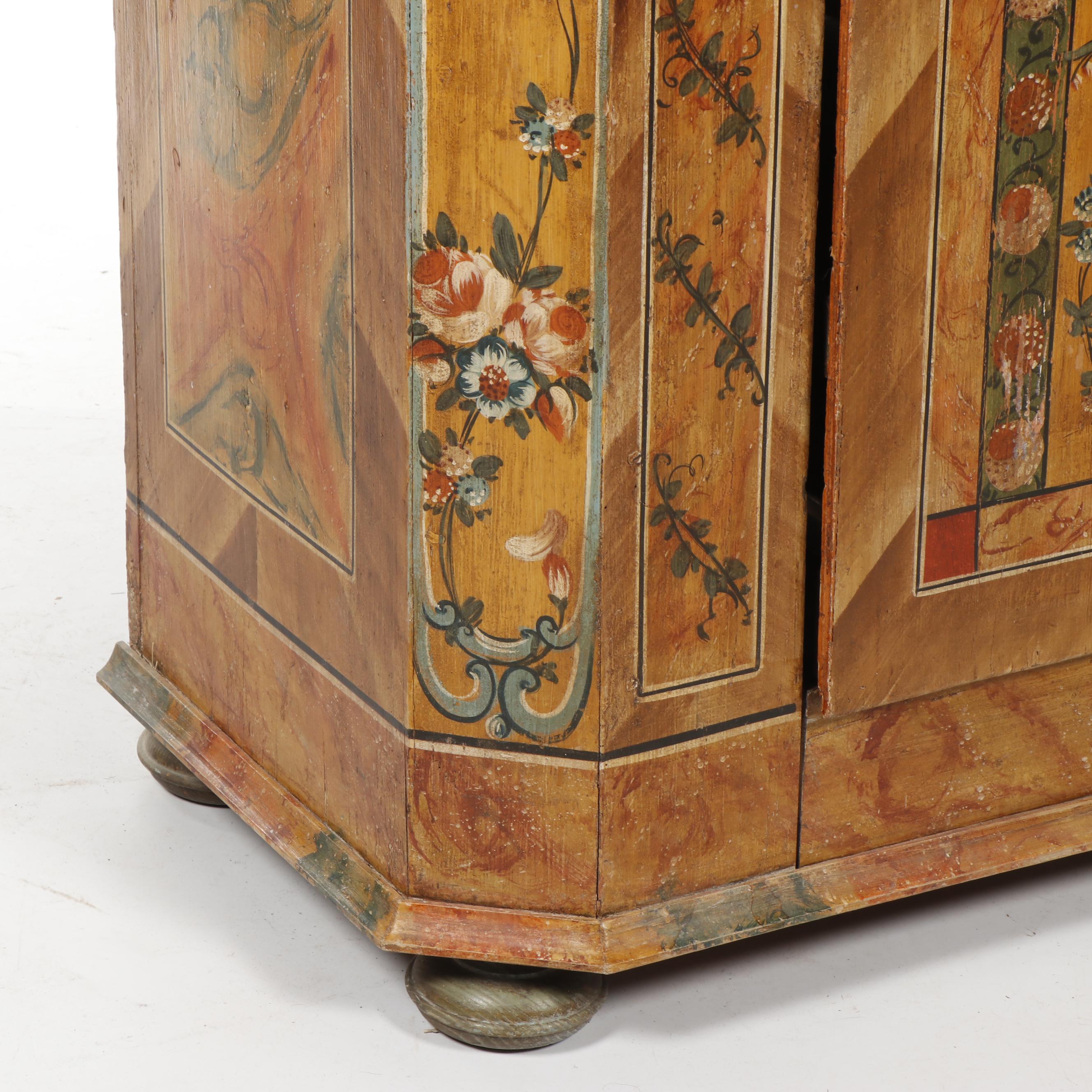 Scandinavian Ornate Hand-Painted Pine Armoire, 1860-1870s