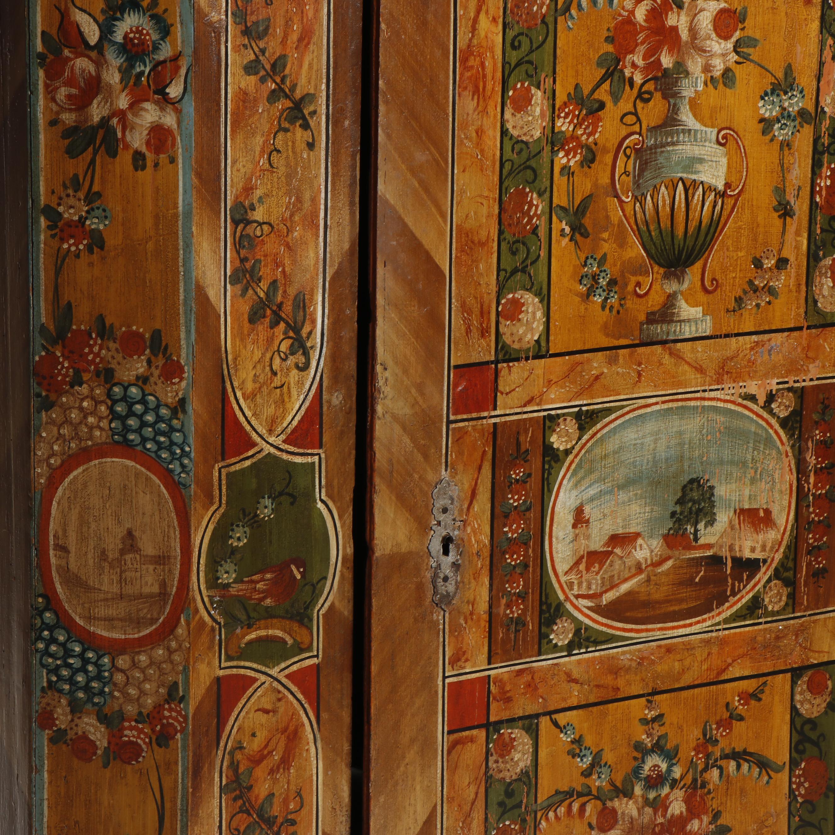Scandinavian Ornate Hand-Painted Pine Armoire, 1860-1870s