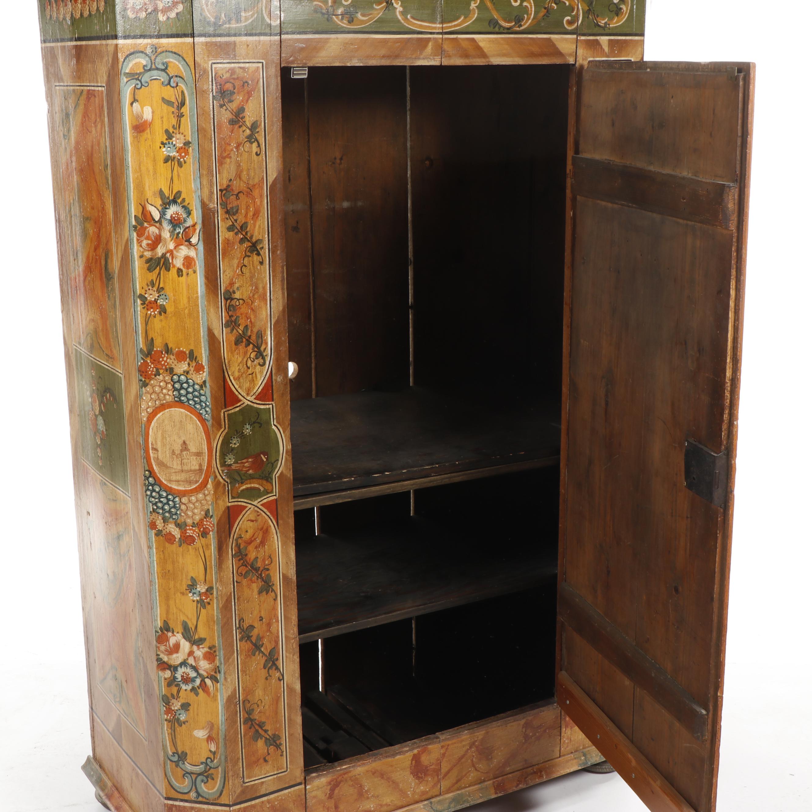 Scandinavian Ornate Hand-Painted Pine Armoire, 1860-1870s