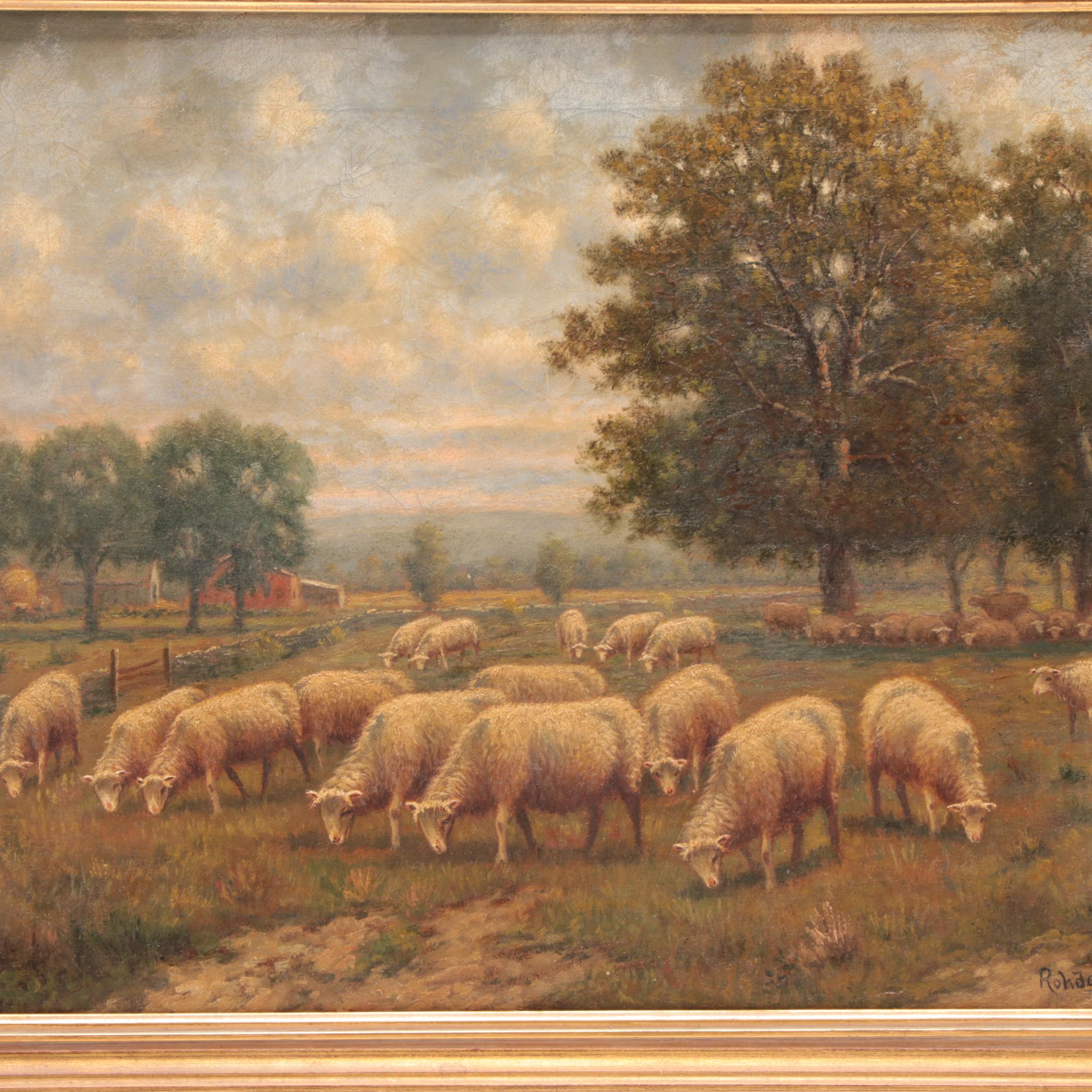 19th Century Herman Rohde Grazing Flock Oil Painting