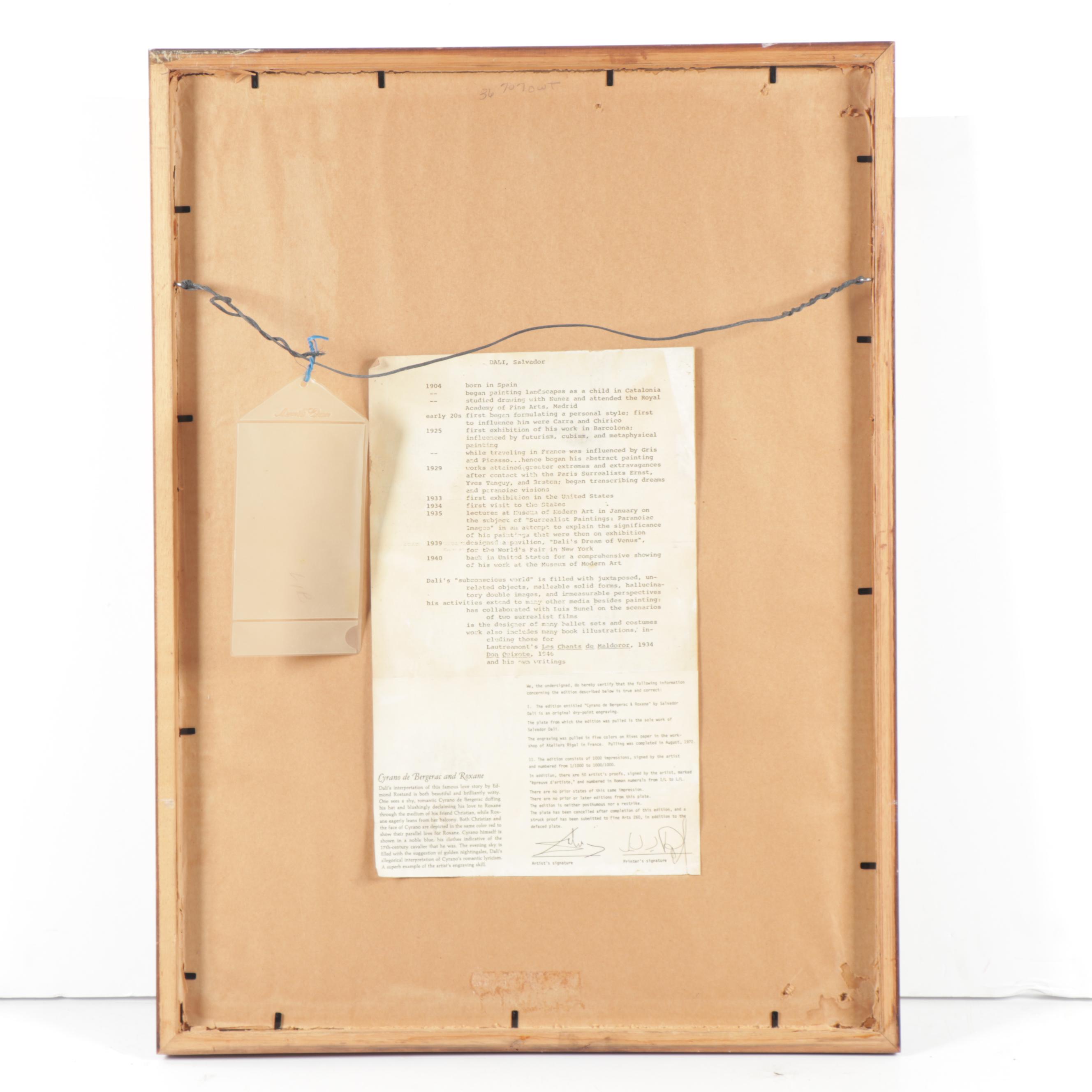 Salvador Dalí Colored Etching "Famous Loves: Cyrano de Bergerac and Roxanne"