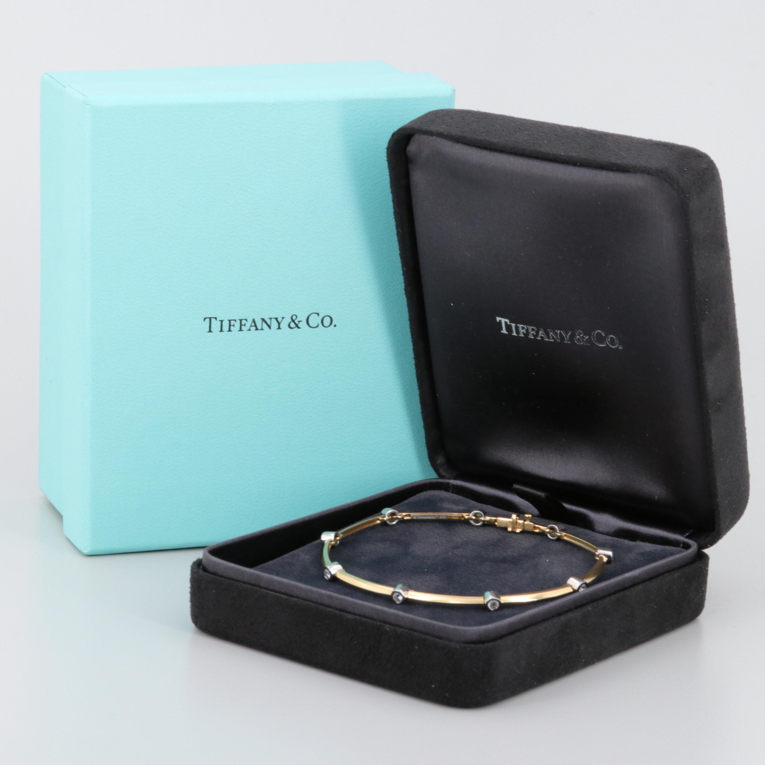 Tiffany & Co. 18K Yellow Gold Platinum Bezel Set Diamond Bracelet with Box