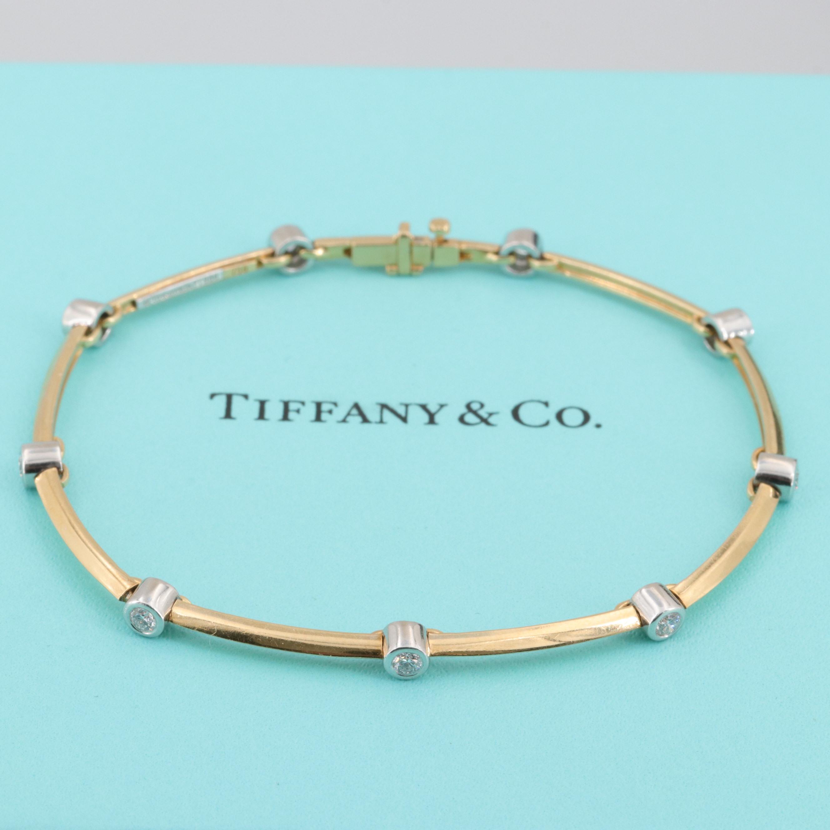 Tiffany & Co. 18K Yellow Gold Platinum Bezel Set Diamond Bracelet with Box
