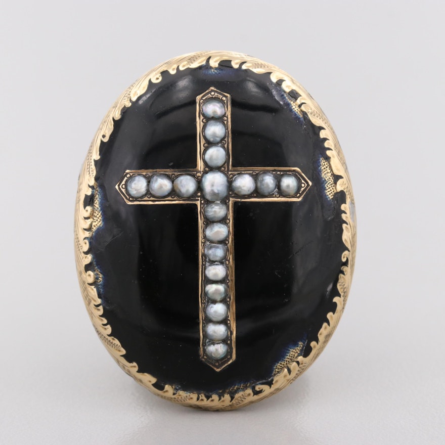 Victorian Gold Tone Seed Pearl, Enamel and Woven Hair Mourning Brooch