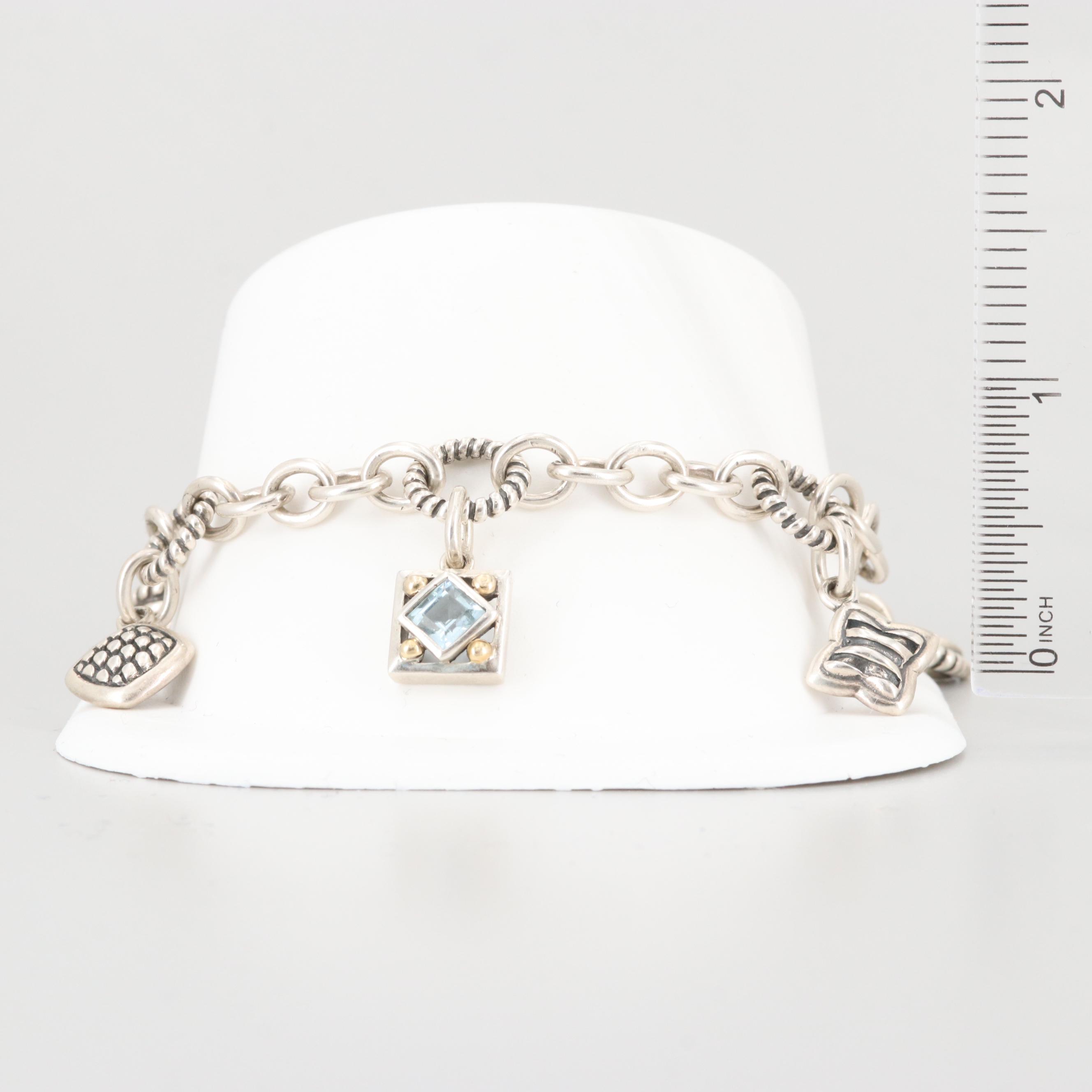 Samuel Benham Sterling Blue Topaz Charm Bracelet with 14K White Gold Accents