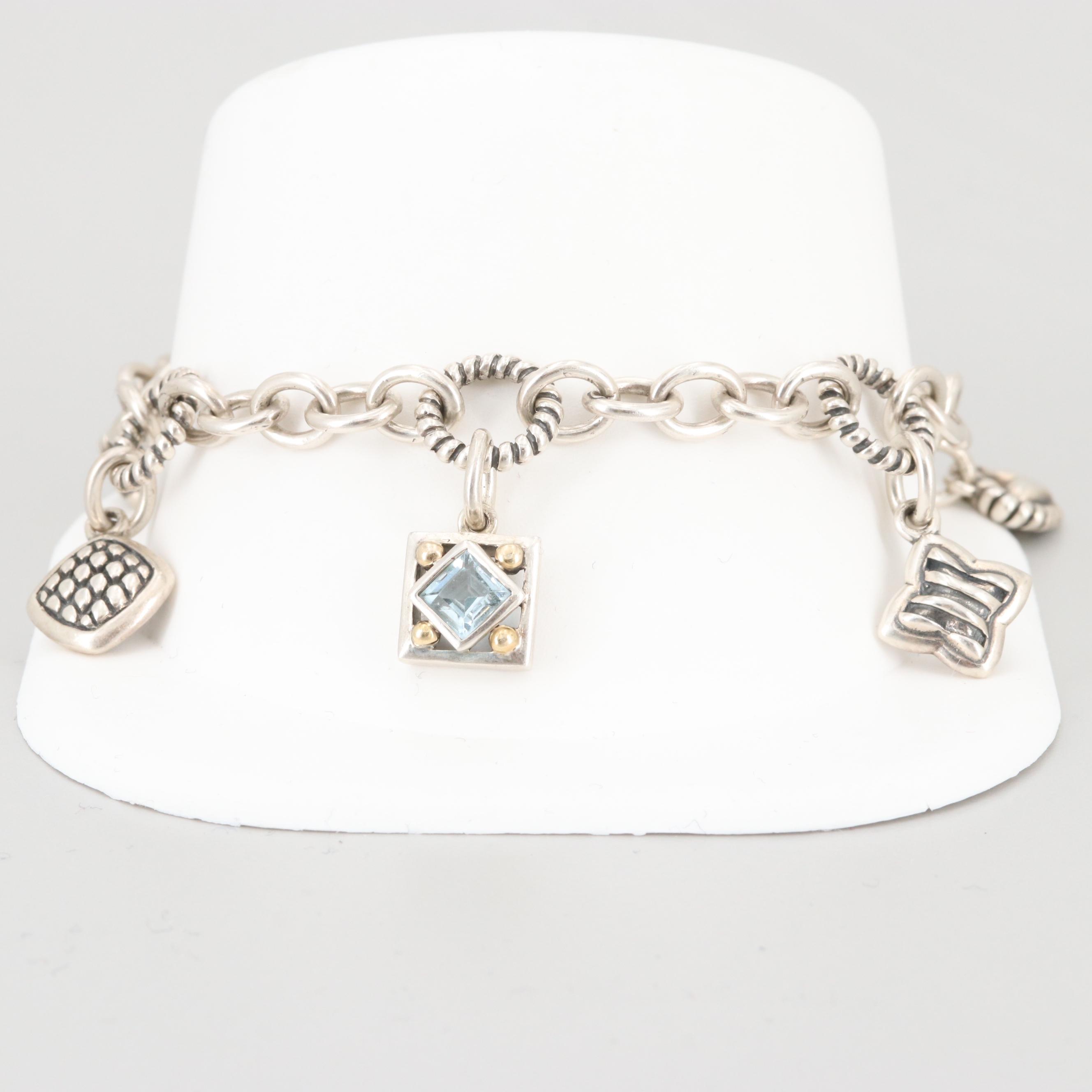 Samuel Benham Sterling Blue Topaz Charm Bracelet with 14K White Gold Accents