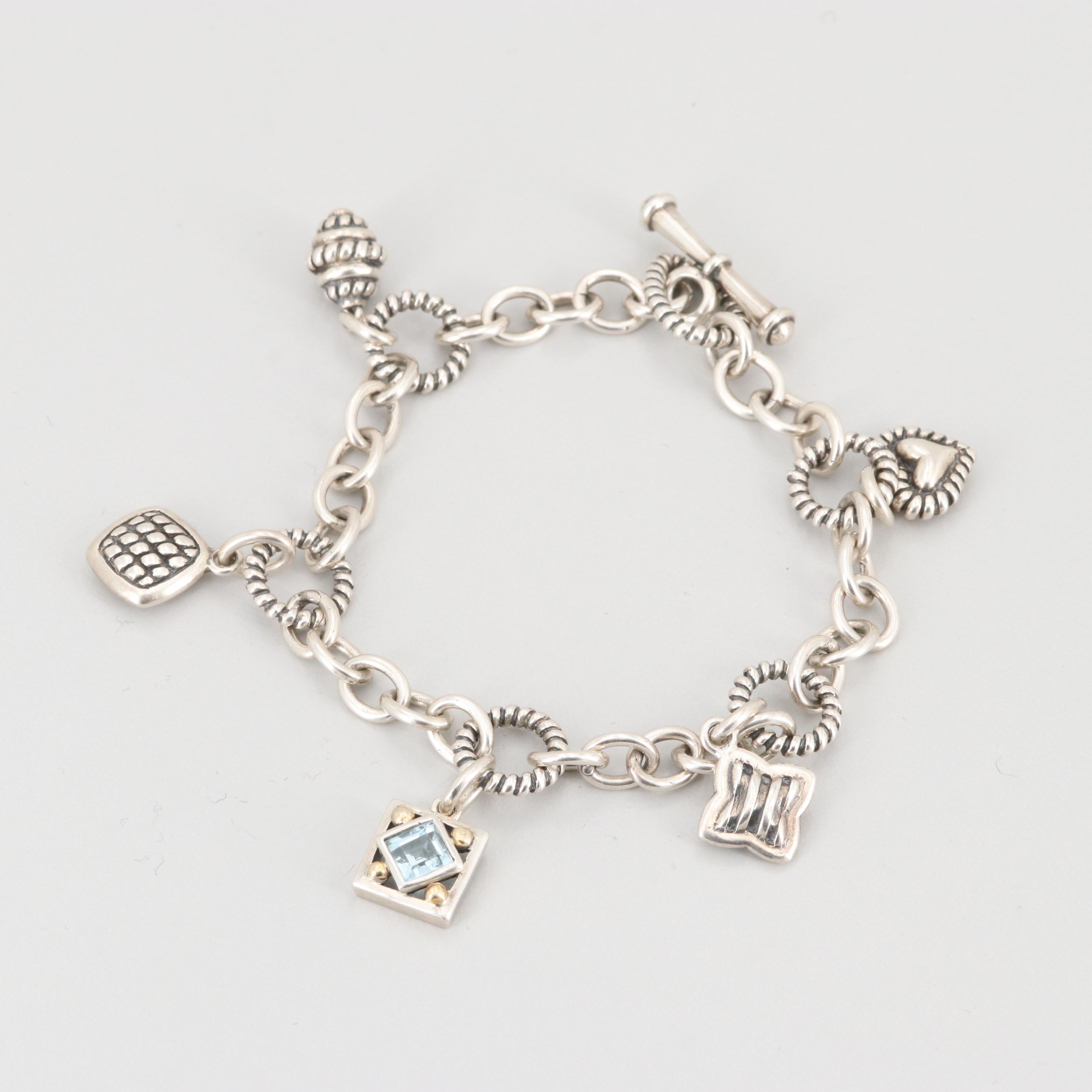 Samuel Benham Sterling Blue Topaz Charm Bracelet with 14K White Gold Accents