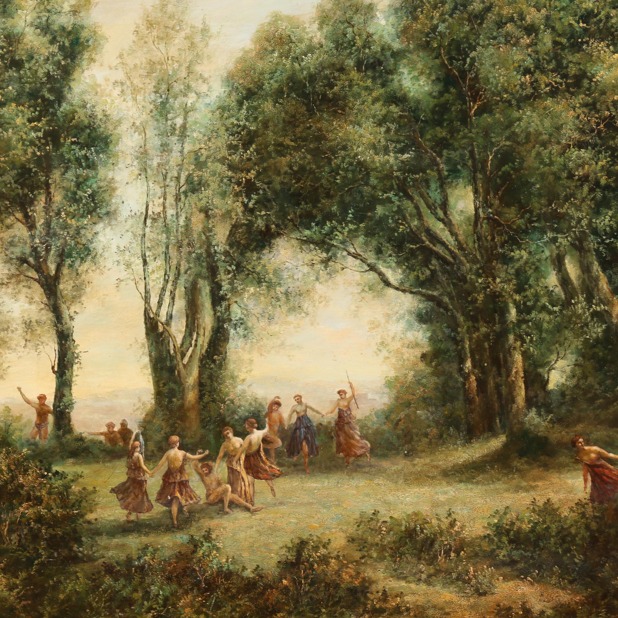 20th Century Neoclassical Oil Painting of Wooded Landscape with Dancing Figures
