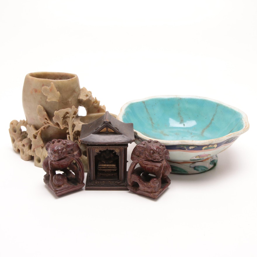 Chinese Carved Soapstone Inkwell, Wood Figurines and Ceramic Bowl