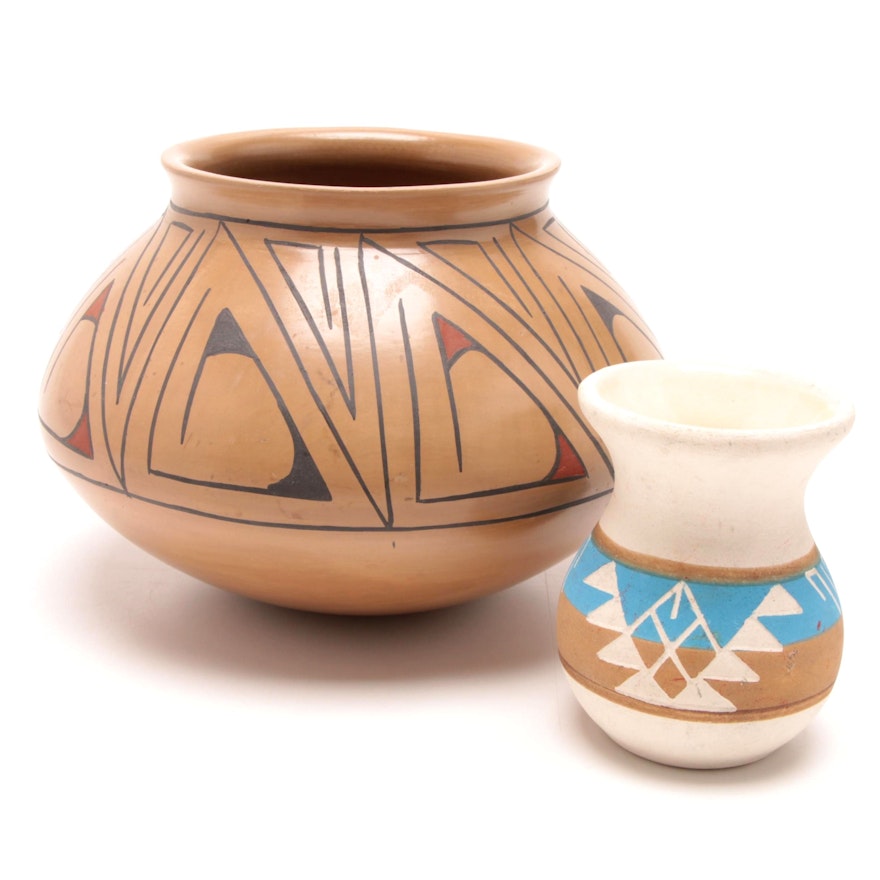 Lourdes Lopez Mata Ortiz Hand-Painted Vessel with Sioux Pottery Seed Pot