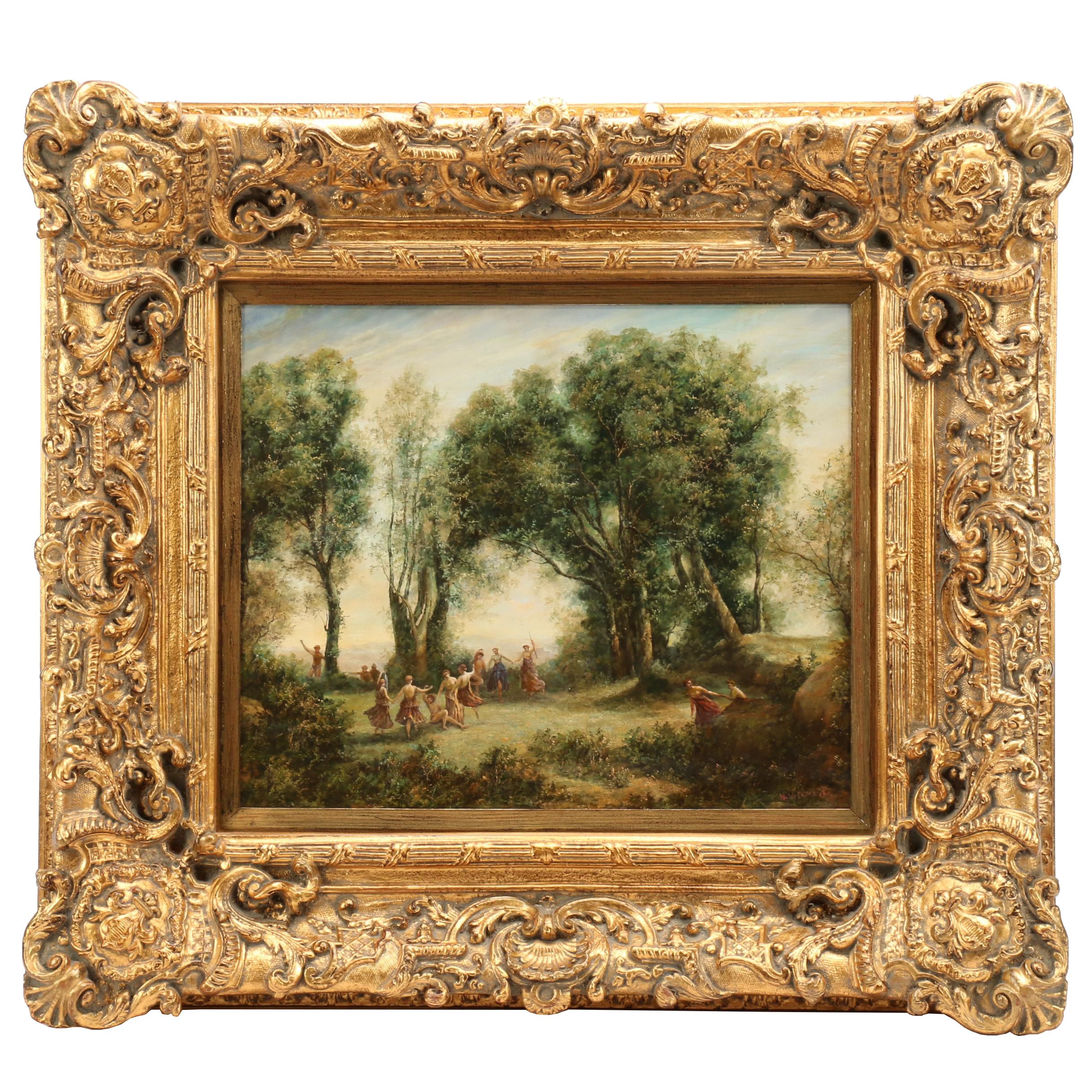 20th Century Neoclassical Oil Painting of Wooded Landscape with Dancing Figures