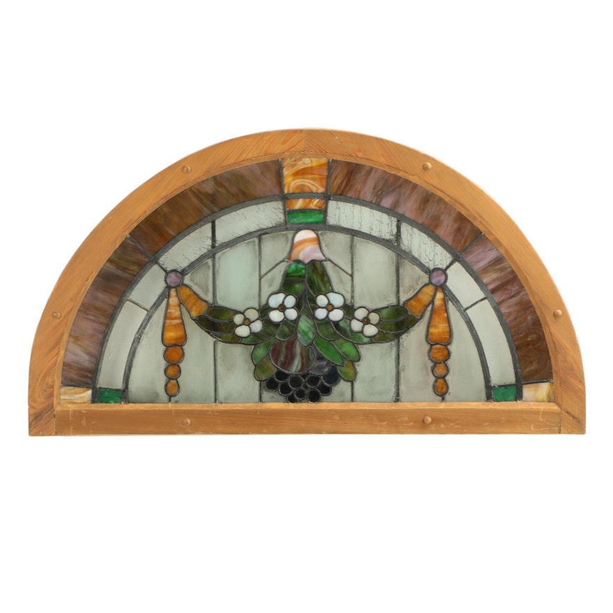 Floral Leaded Stained and Slag Glass Arched Window