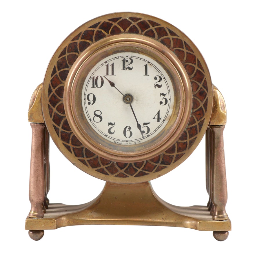 Art Nouveau Style Brass Wind Up Shelf Clock, Mid-Century