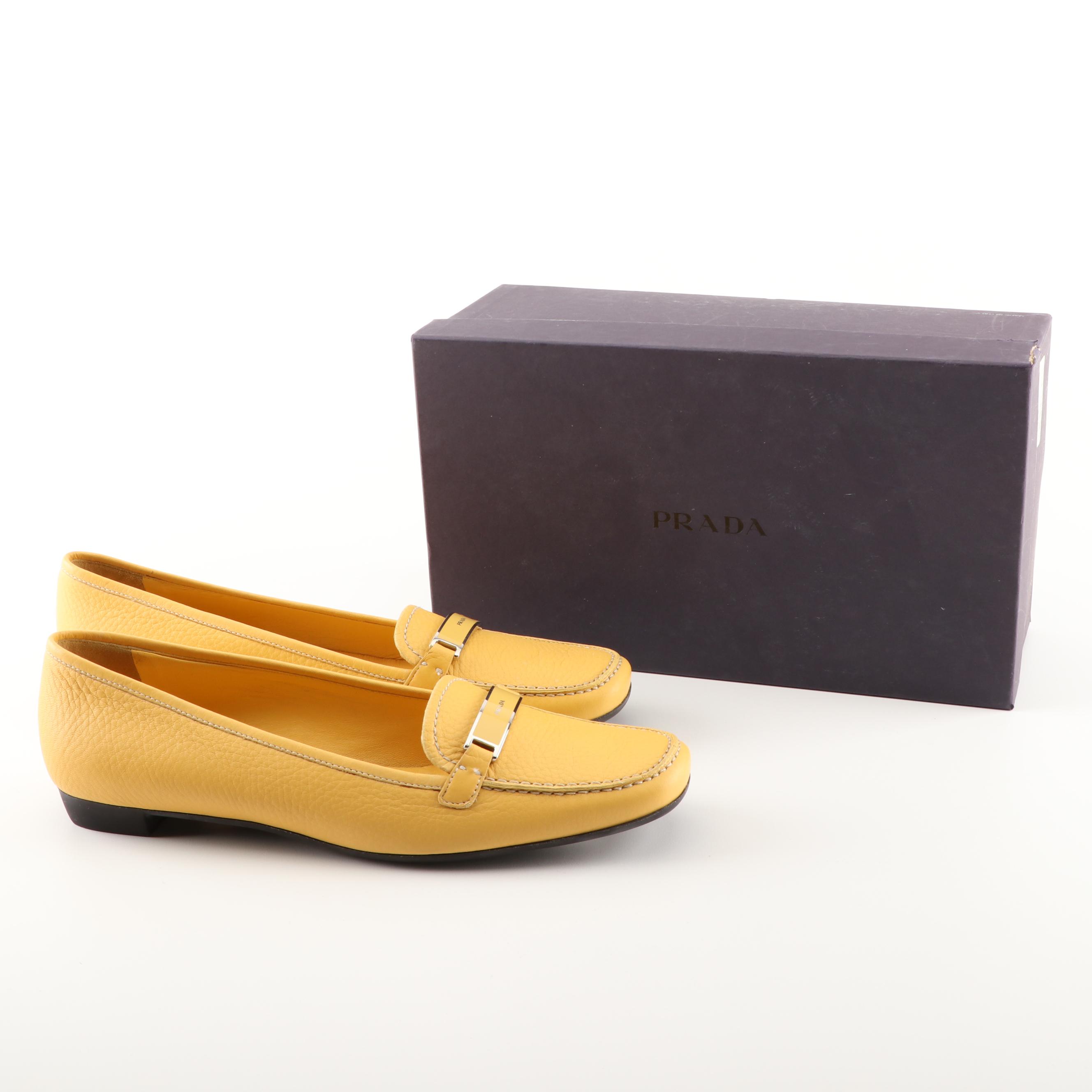 Prada Yellow Daino Pebbled Leather Loafers