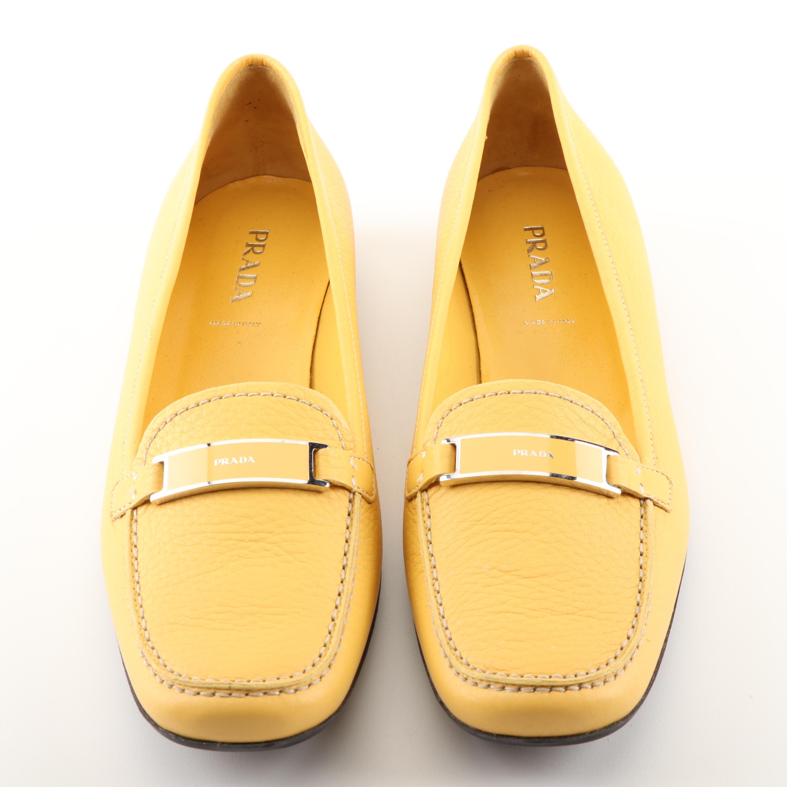 Prada Yellow Daino Pebbled Leather Loafers