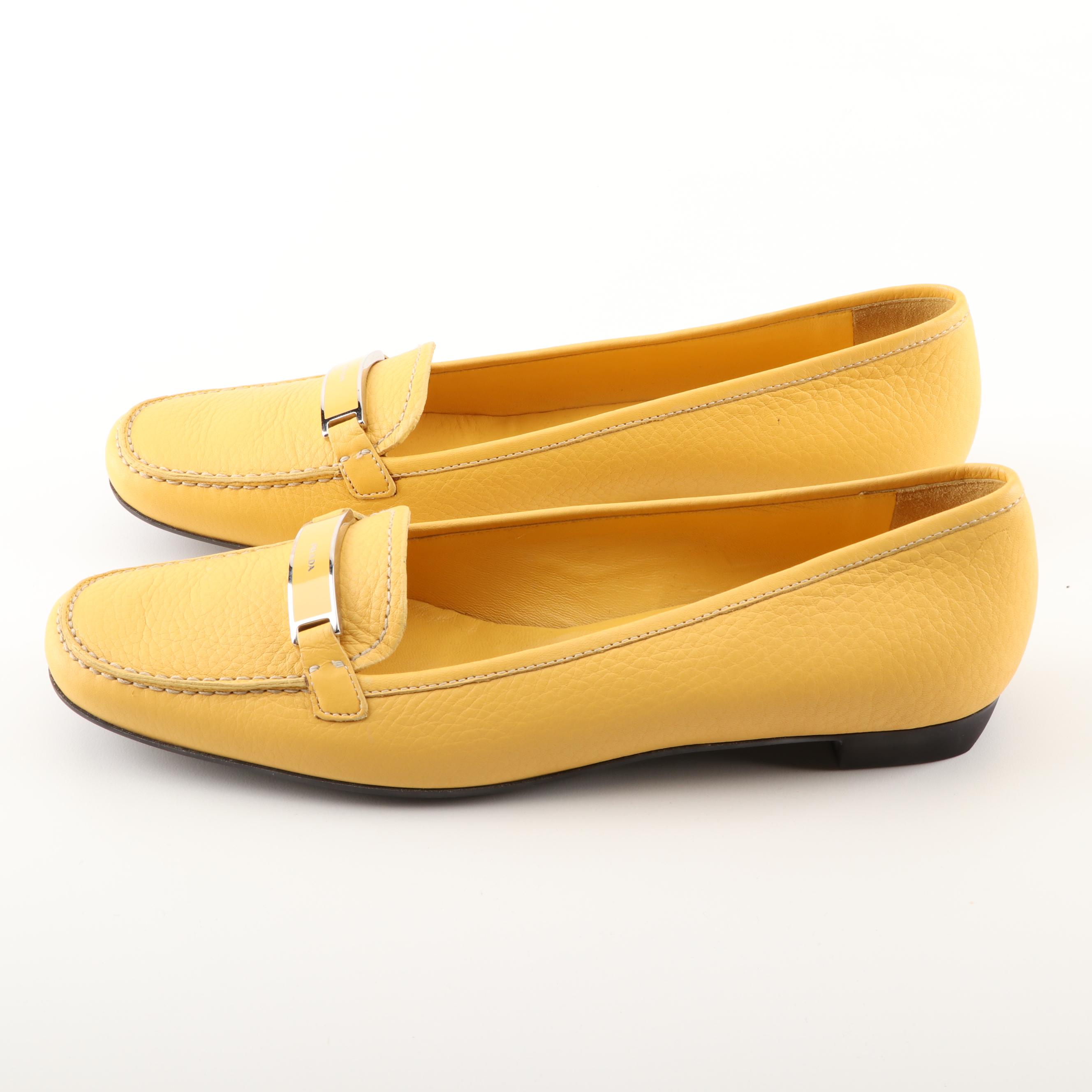 Prada Yellow Daino Pebbled Leather Loafers