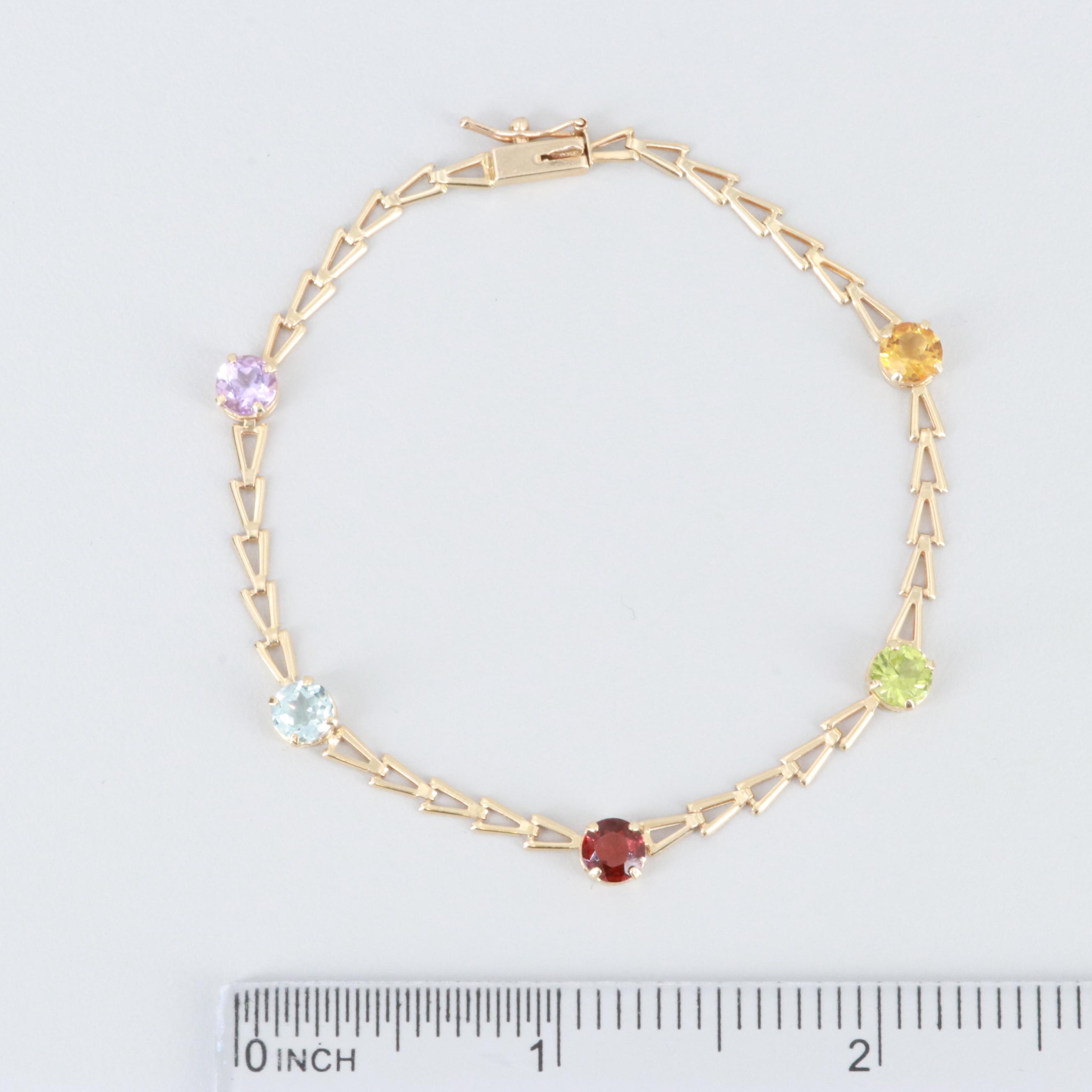 14K Yellow Gold Citrine, Peridot, Garnet, Blue Topaz and Amethyst Bracelet