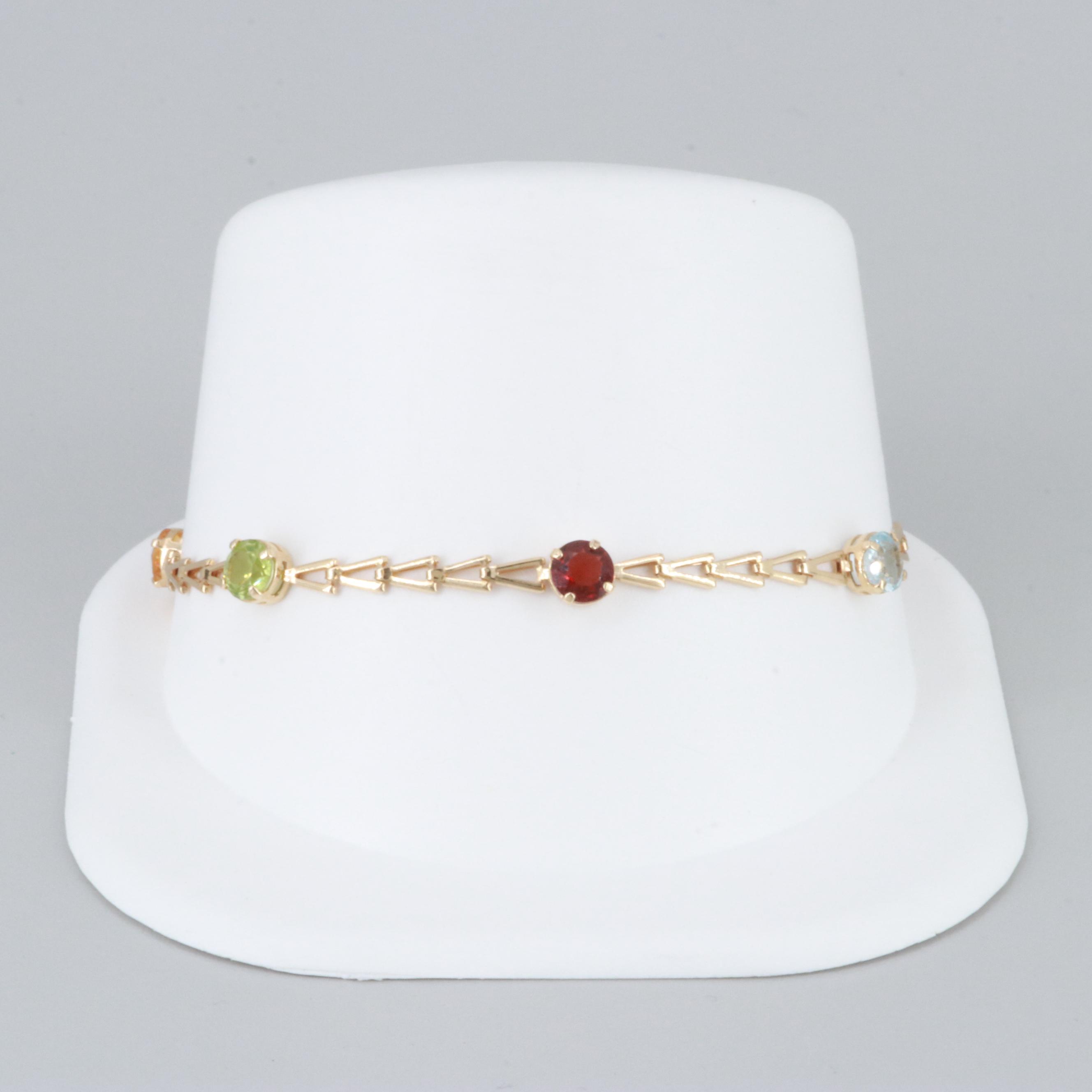 14K Yellow Gold Citrine, Peridot, Garnet, Blue Topaz and Amethyst Bracelet