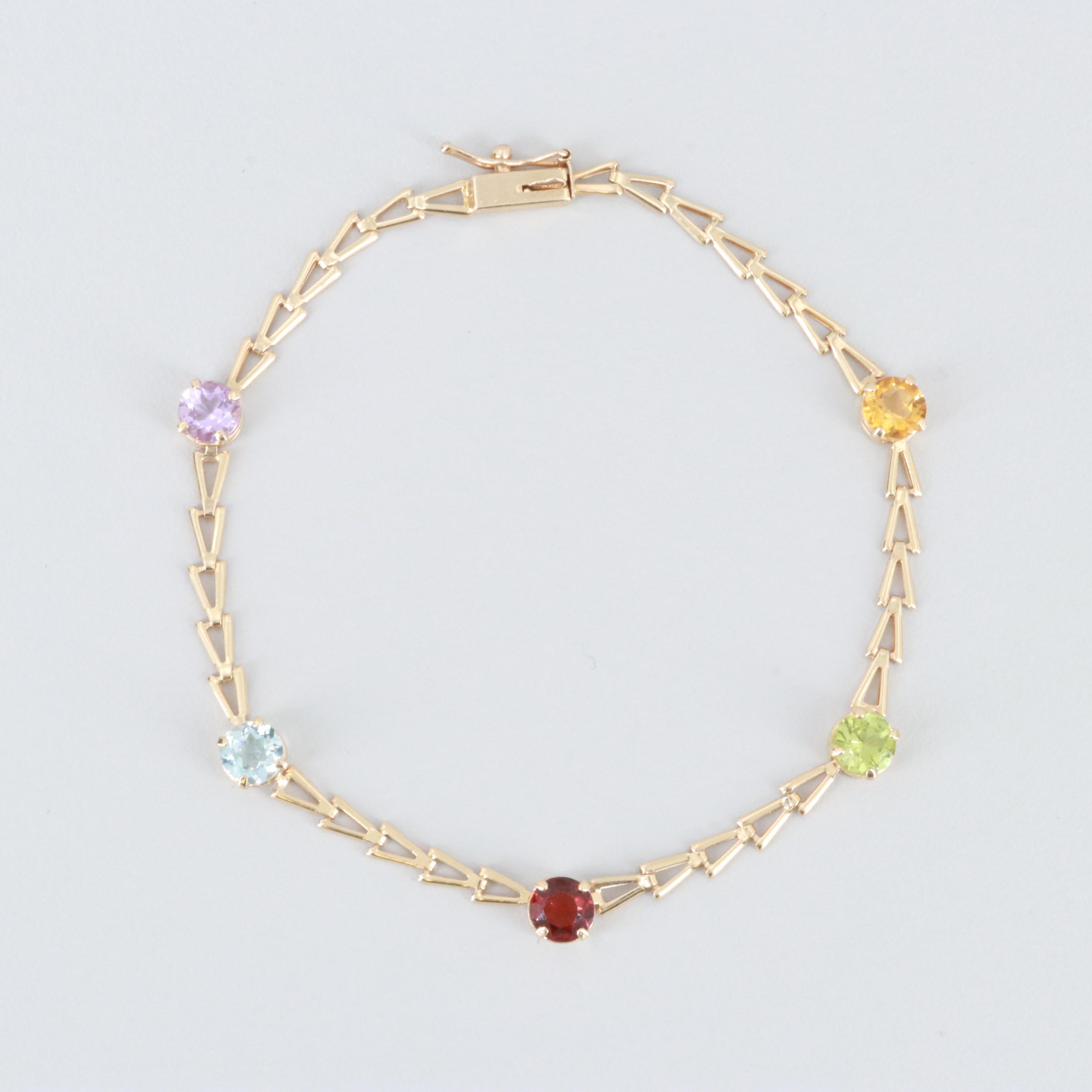 14K Yellow Gold Citrine, Peridot, Garnet, Blue Topaz and Amethyst Bracelet