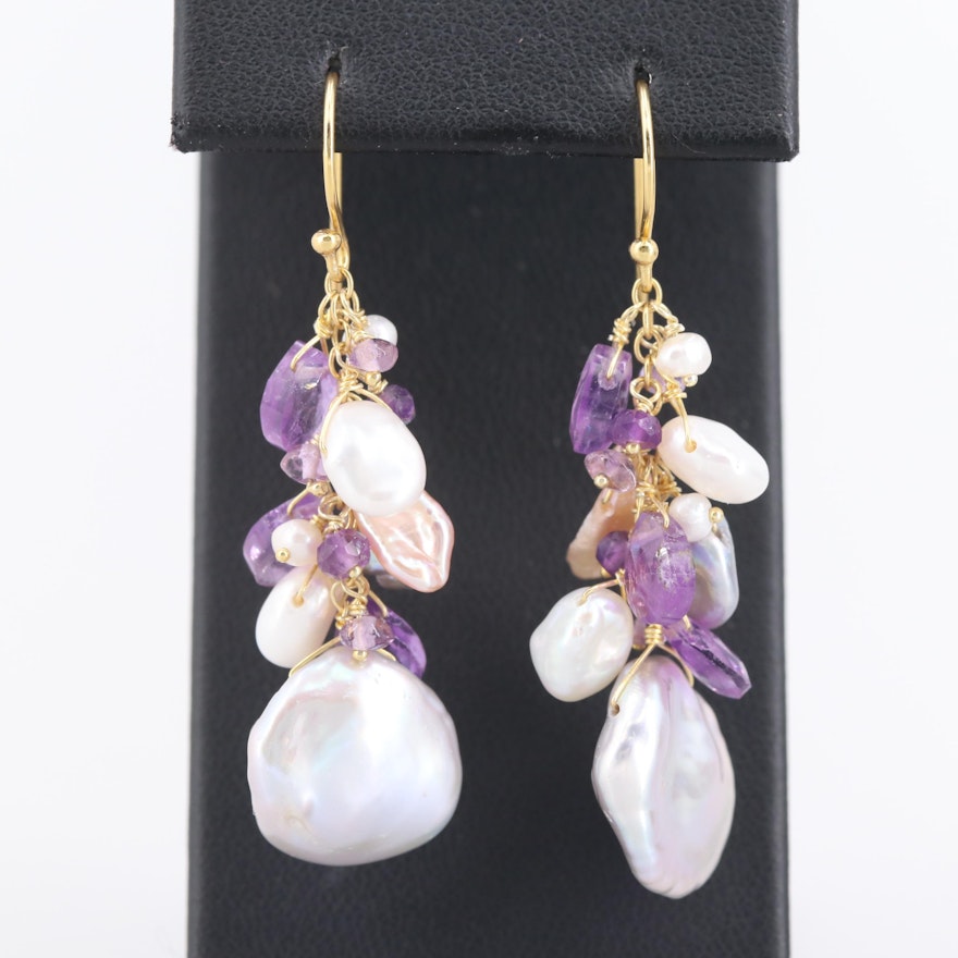 Gold Wash on Sterling Silver Amethyst and Cultured Pearl Dangle Earrings