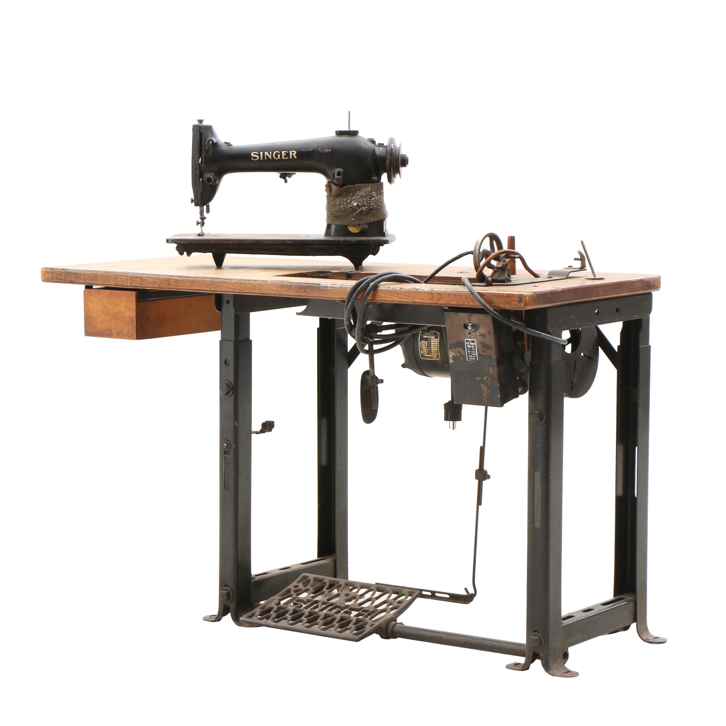 Vintage Industrial Singer Sewing Machine and Table