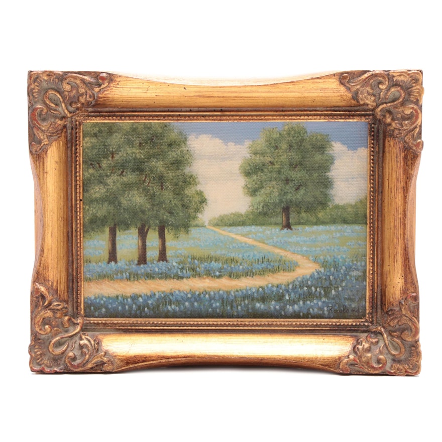 Rowland Oil Landscape Painting of Flowering Meadow