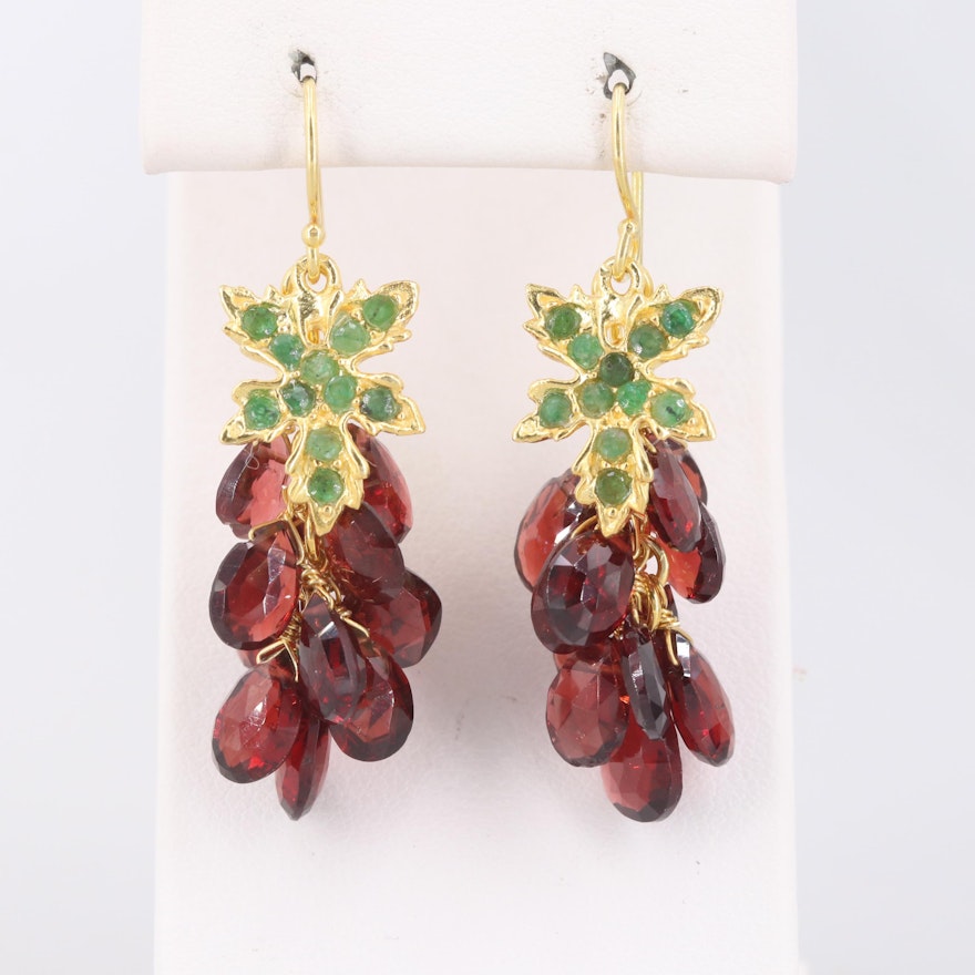 Gold Wash on Sterling Silver Emerald and Garnet Grape Earrings