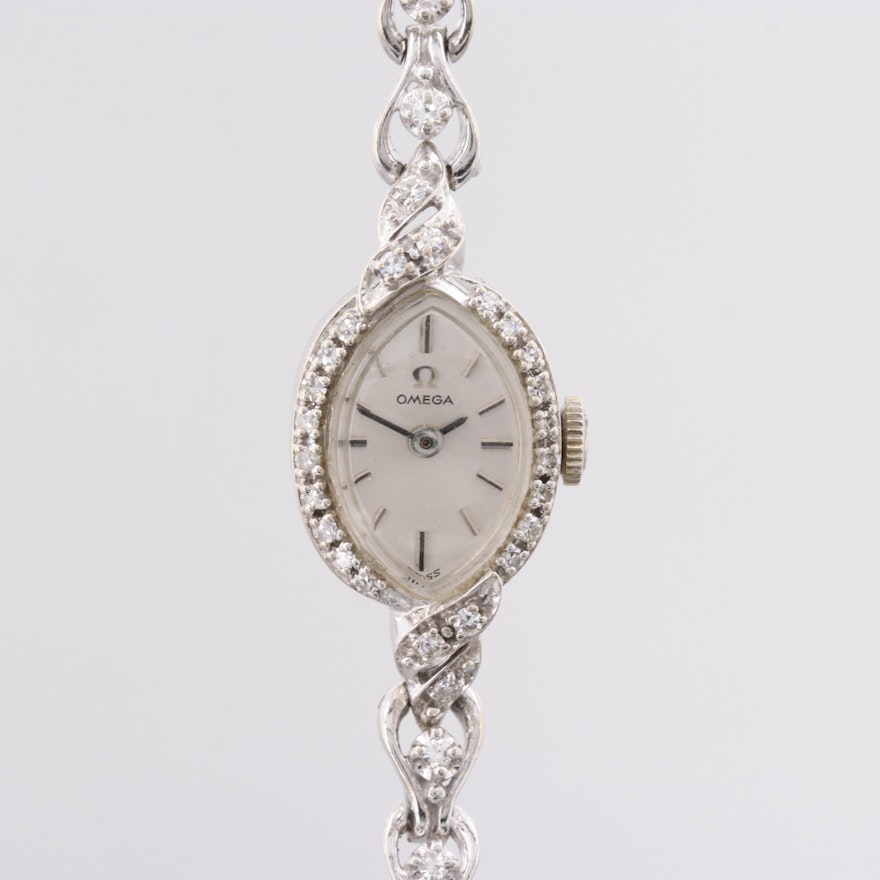 Omega 14K White Gold Diamond Wristwatch