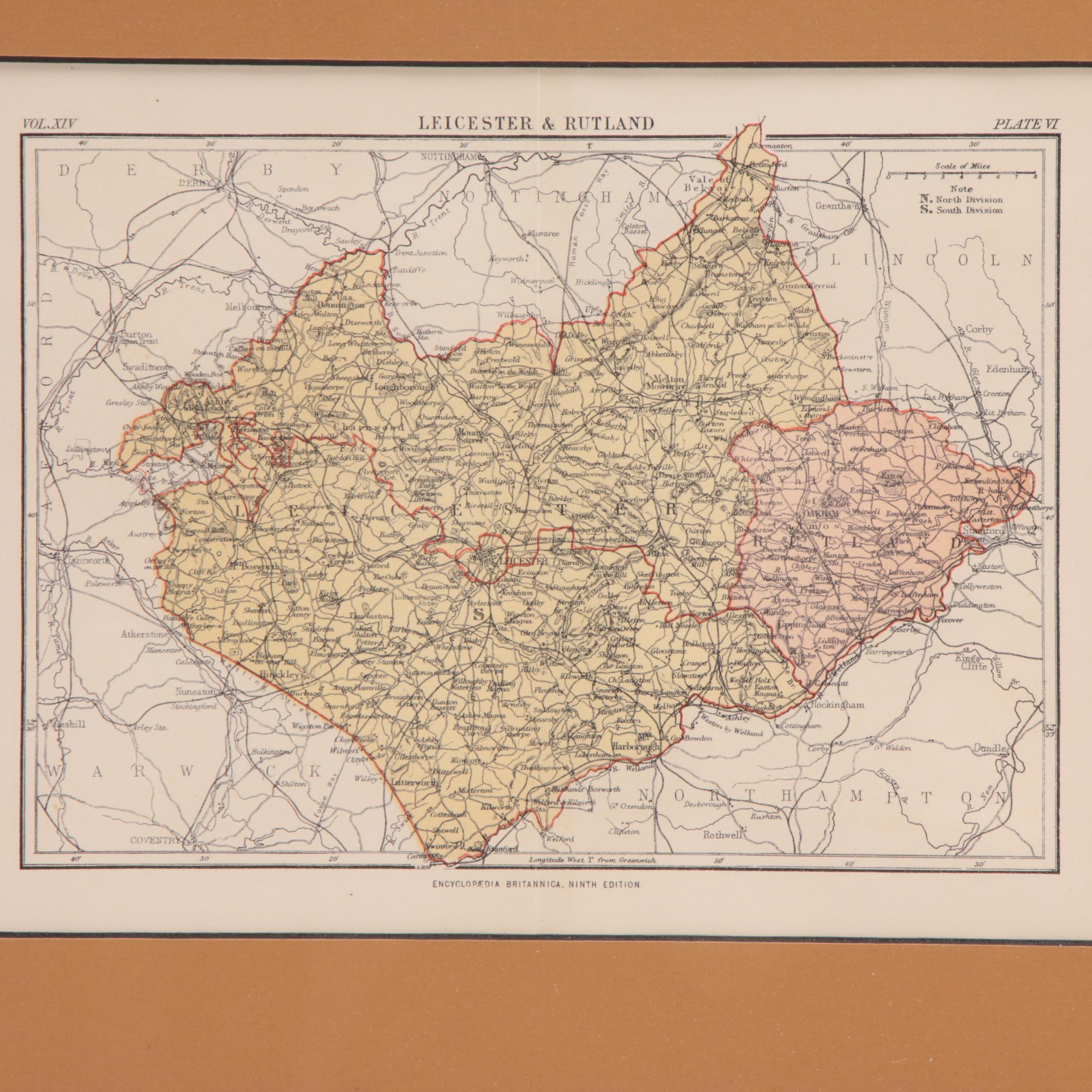 "Encyclopedia Britannica" Map of Leicester & Rutland