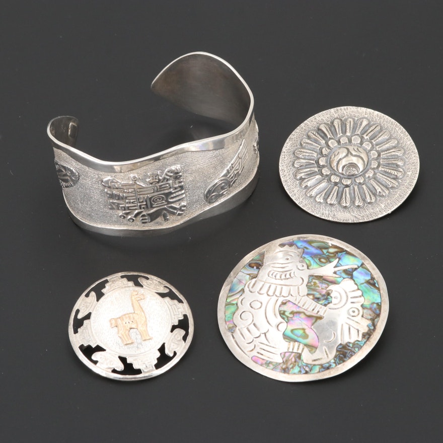Mexican Sterling Silver Brooches and Cuff Bracelet Including Abalone