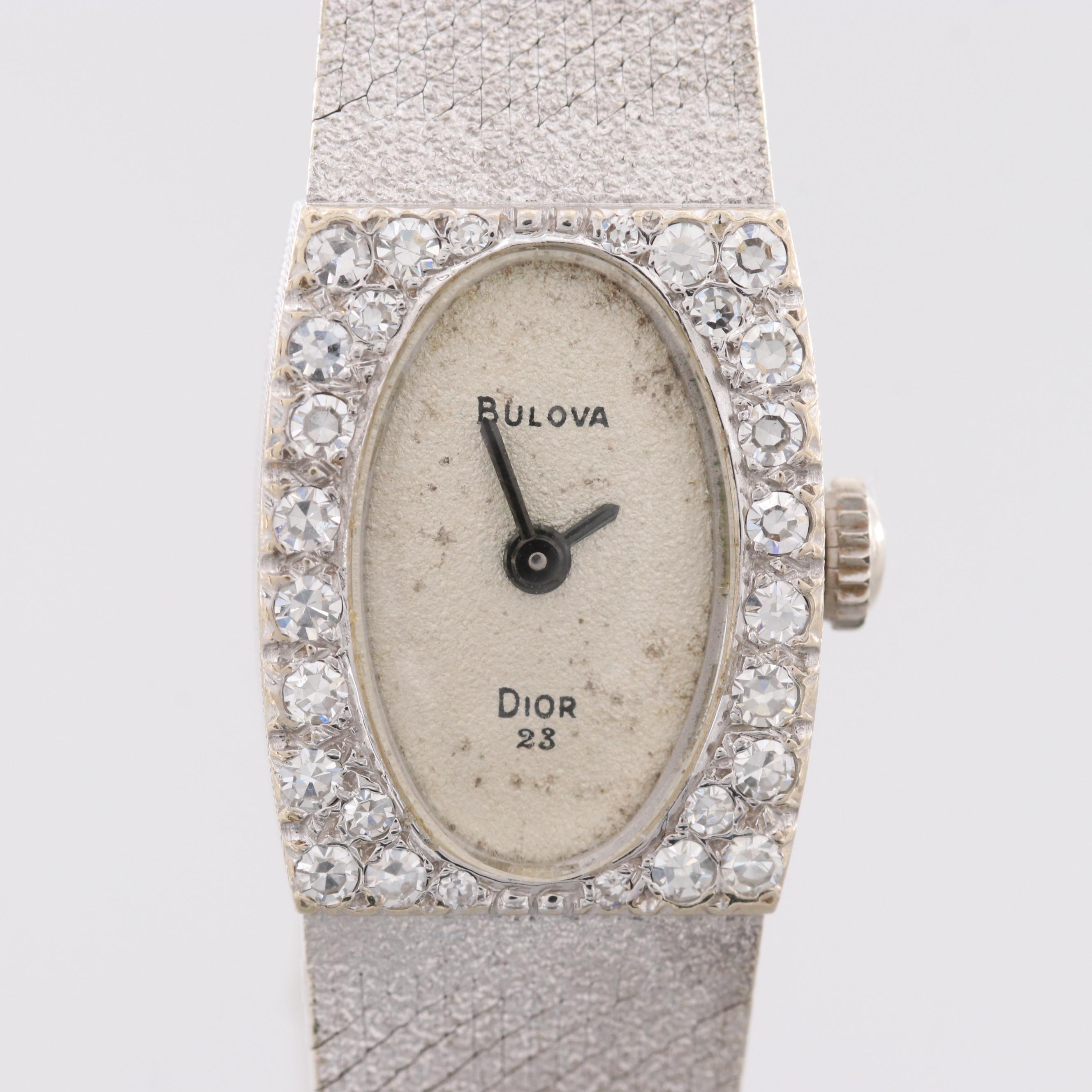 Vintage Bulova Dior 14K White Gold Diamond Stem Wind Watch