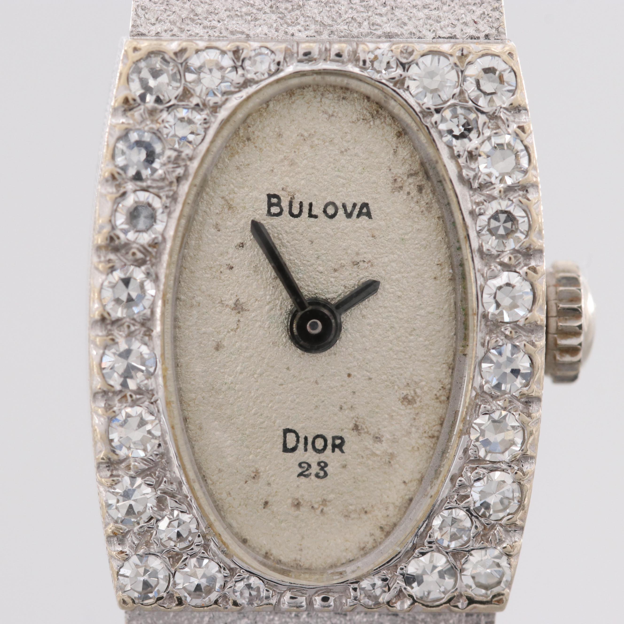 Vintage Bulova Dior 14K White Gold Diamond Stem Wind Watch