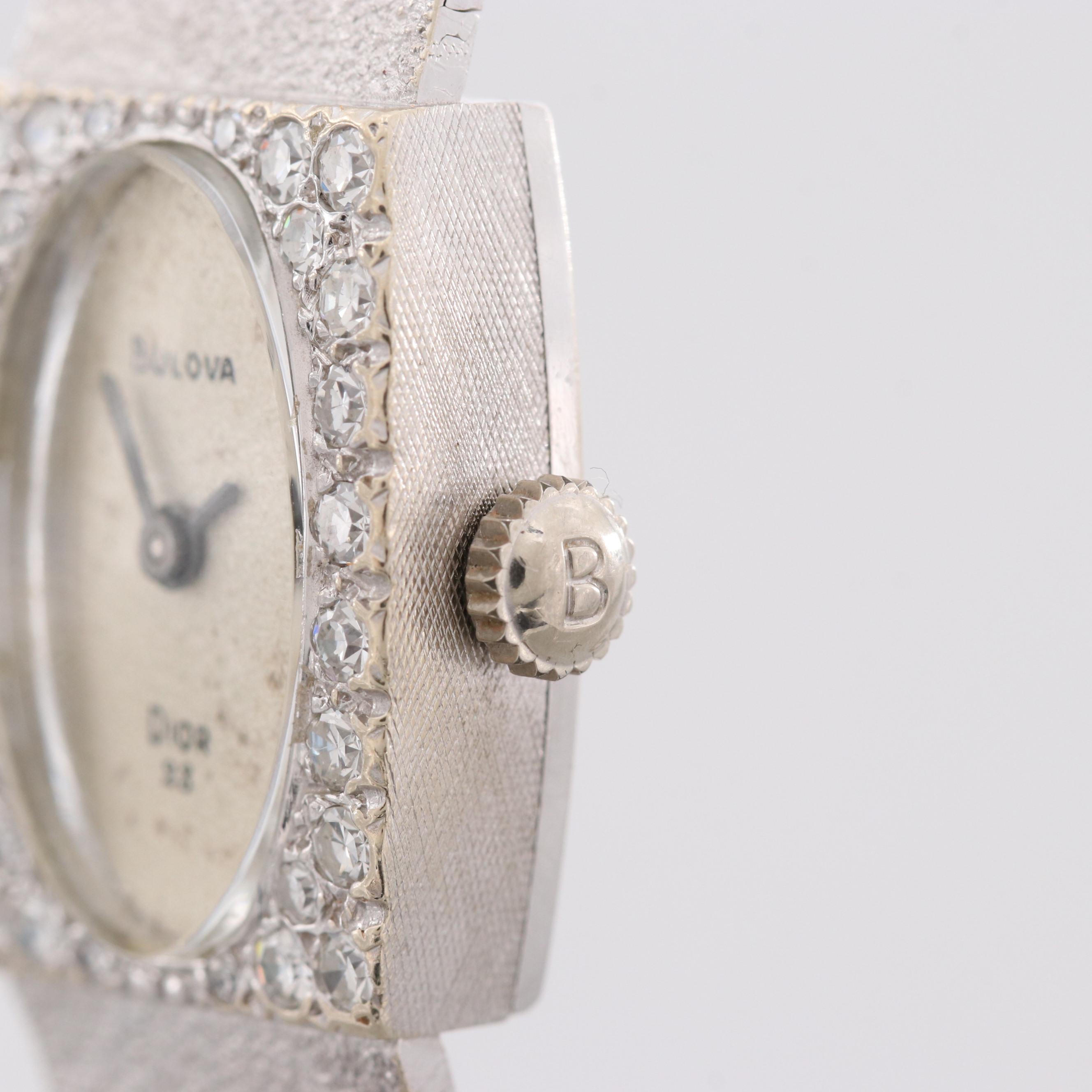 Vintage Bulova Dior 14K White Gold Diamond Stem Wind Watch