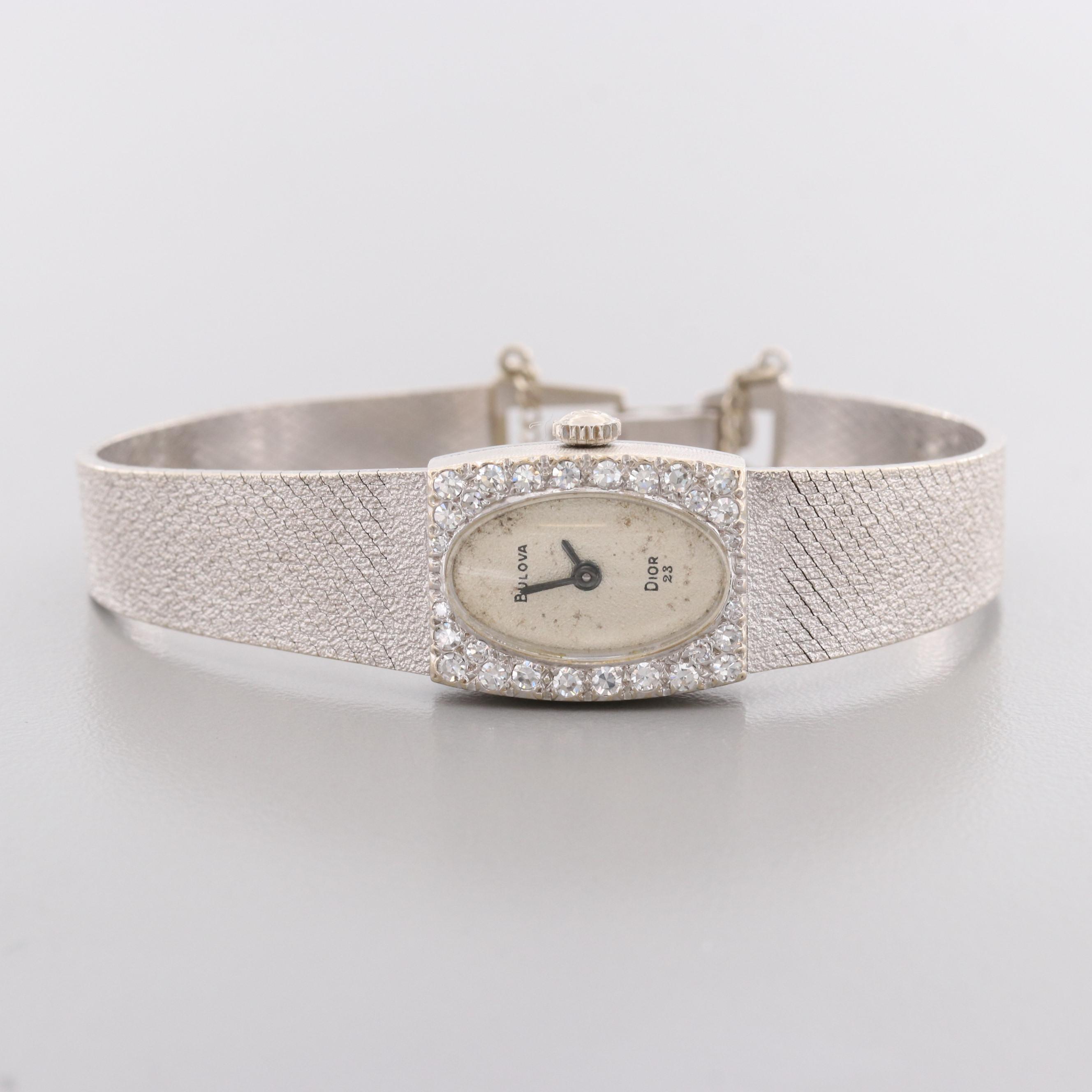 Vintage Bulova Dior 14K White Gold Diamond Stem Wind Watch