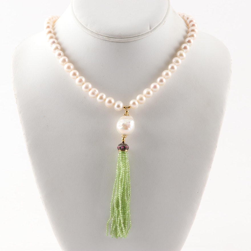 Sterling Silver Freshwater Pearl Strand Necklace With a Ruby and Peridot Tassel