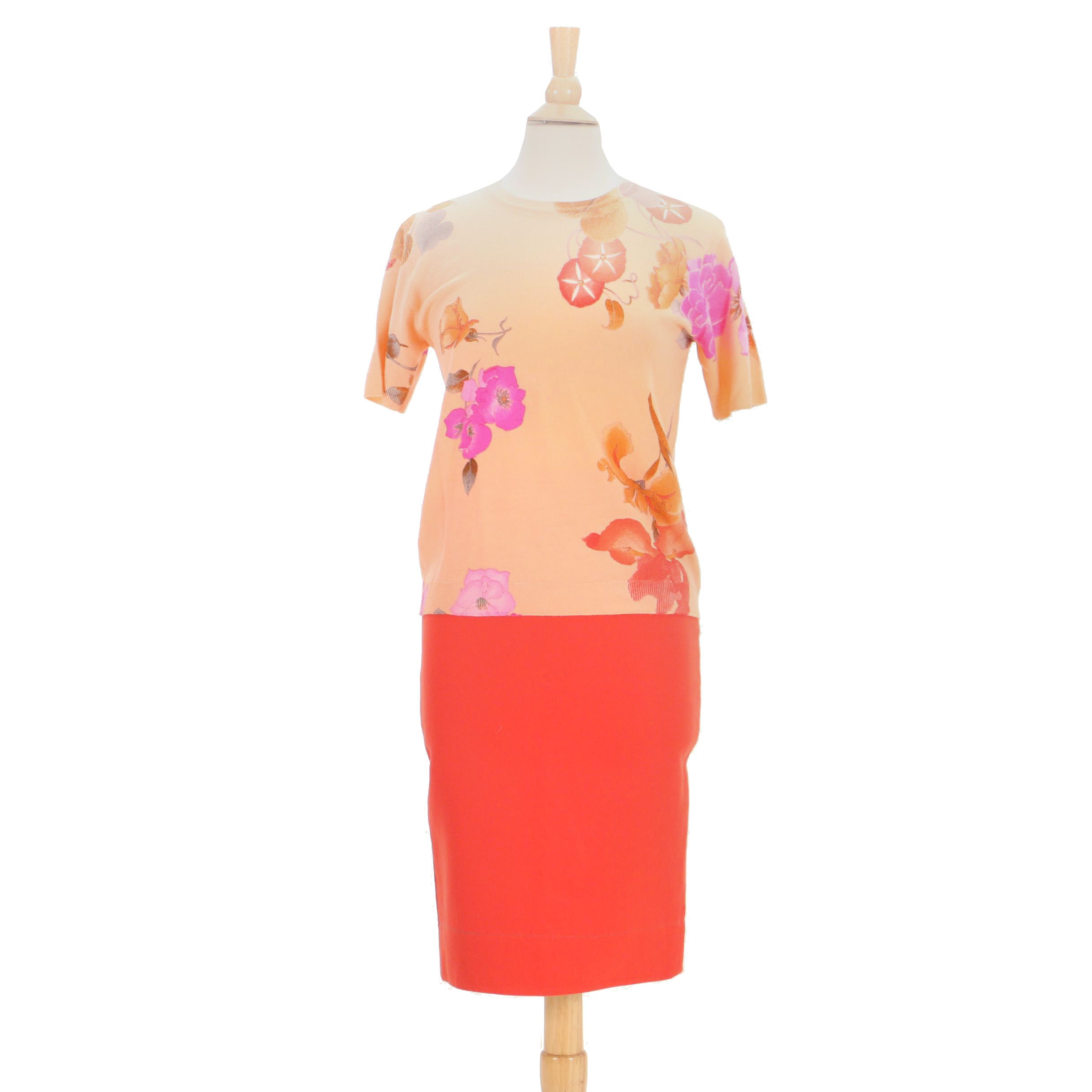 Prada Red Pencil Skirt and Leonard Paris Floral Print Knit Shirt