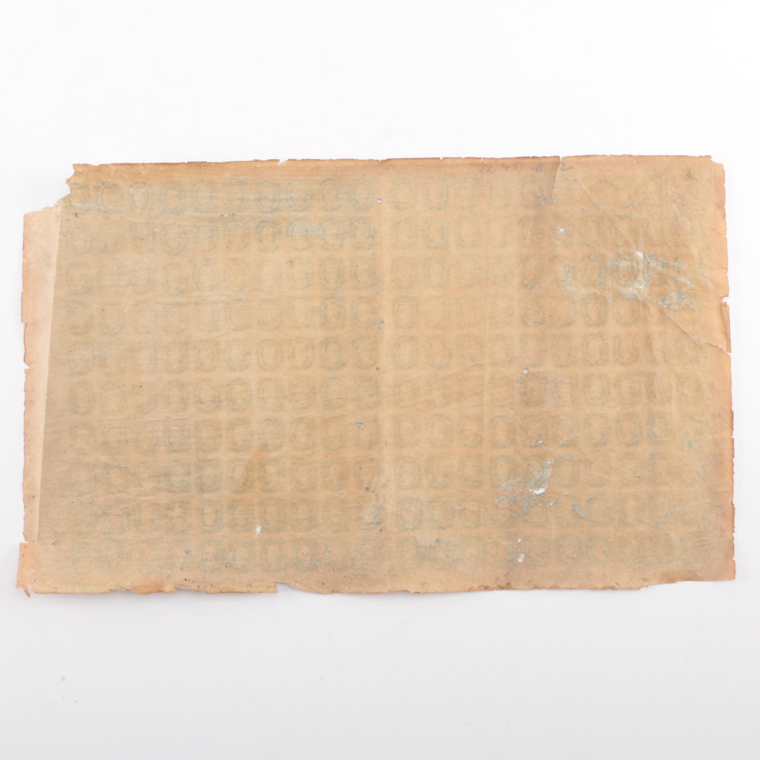Uncut Sheet of 200 Confederate States of America 10-cent Postage Stamps, 1863