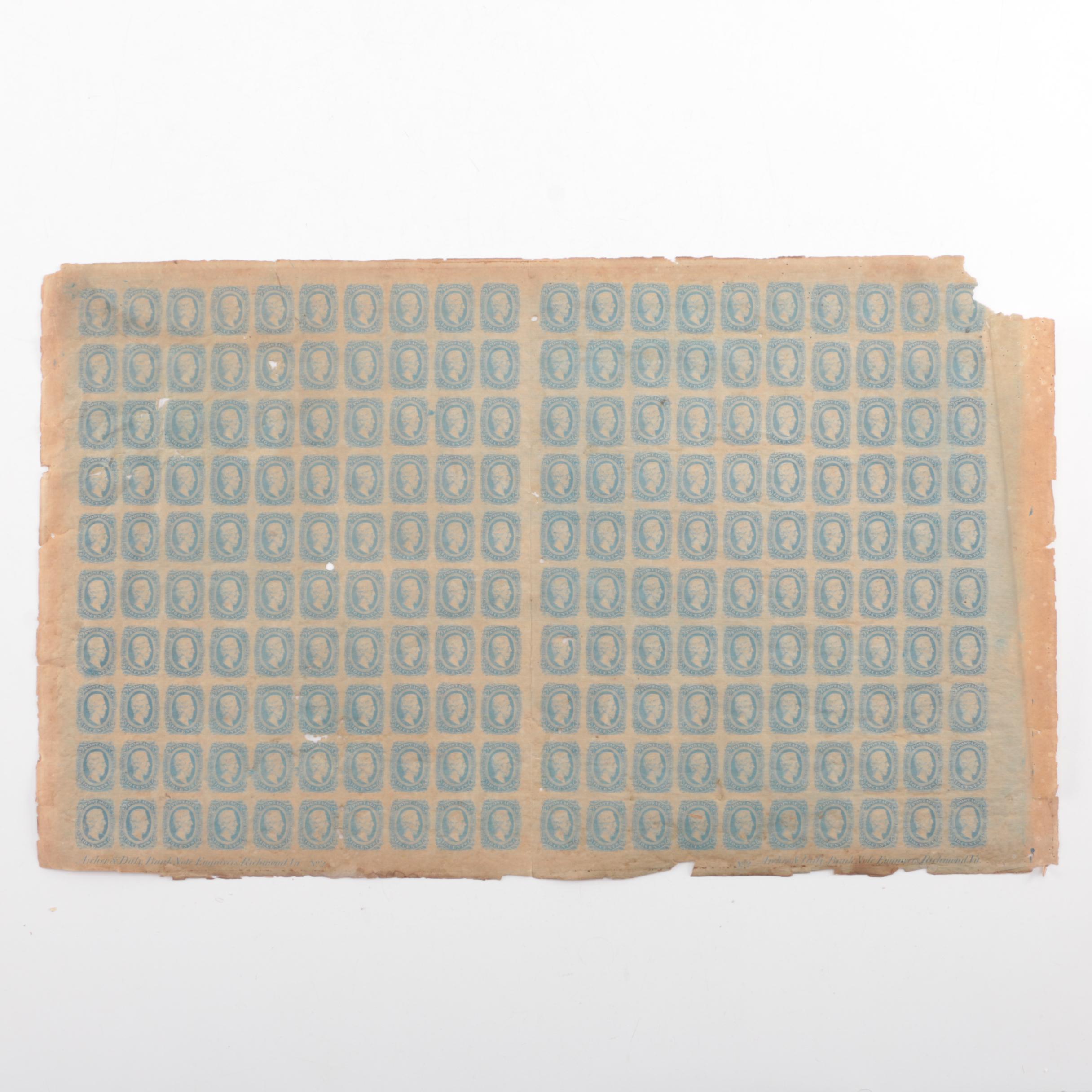 Uncut Sheet of 200 Confederate States of America 10-cent Postage Stamps, 1863
